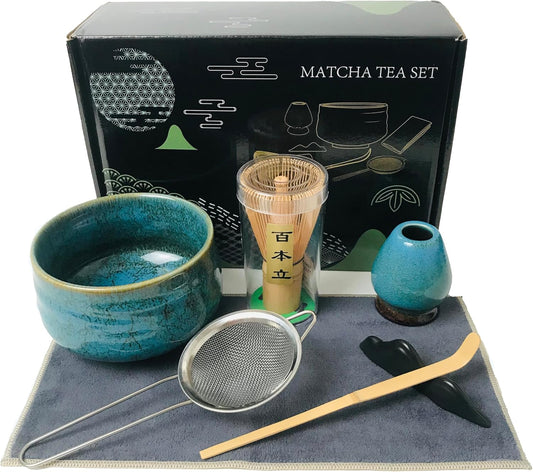 Japanese Matcha Tea Set(7pcs),Matcha Bowl And Whisk Set,Whisk Holder, Matcha Powder Sifter, Bamboo Scoop,The Perfect Matcha Tools Kit For Matcha Tea Ceremony (Kiln Glaze-Blue)