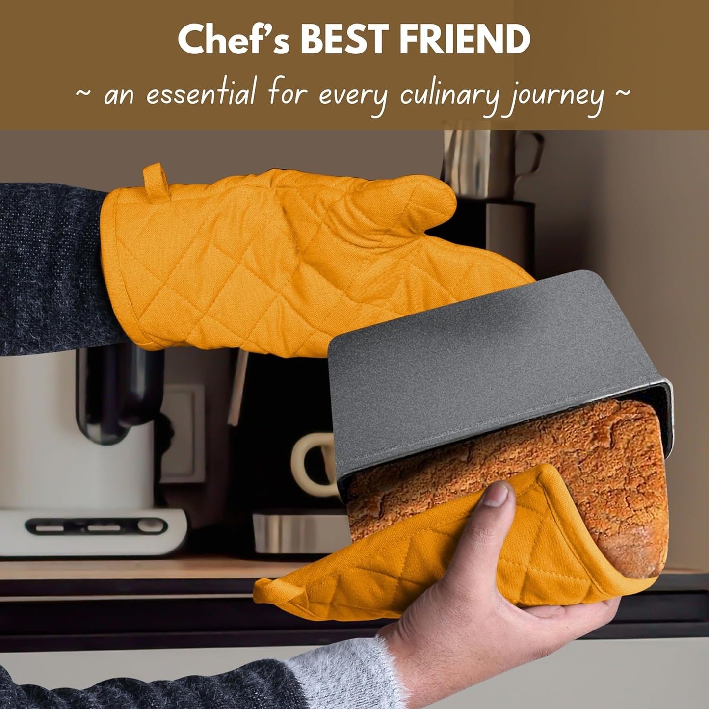 Native Fab 4 Piece Set - 2 Oven Mitts & 2 Potholders, Heat Resistant, 100% Cotton, Quilted Design, Non-Slip Grip, Machine Washable, Ideal for Baking, Cooking, BBQ, Kitchen Protection - Mustard Yellow