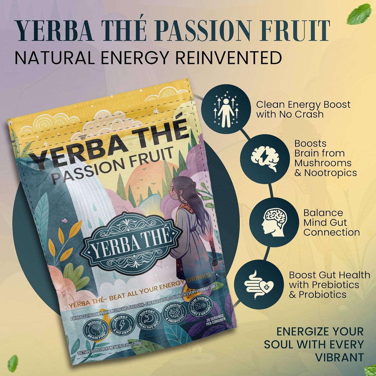 Ancient Diosa - Yerba Mate Tea Powder 350g, 35-Servings - Passion Fruit Flavor Clean Energy Drink Superfood - Support Gut Health, Probiotics and Prebiotics, Reduce Brain Fog, Relaxation & Focus Blend
