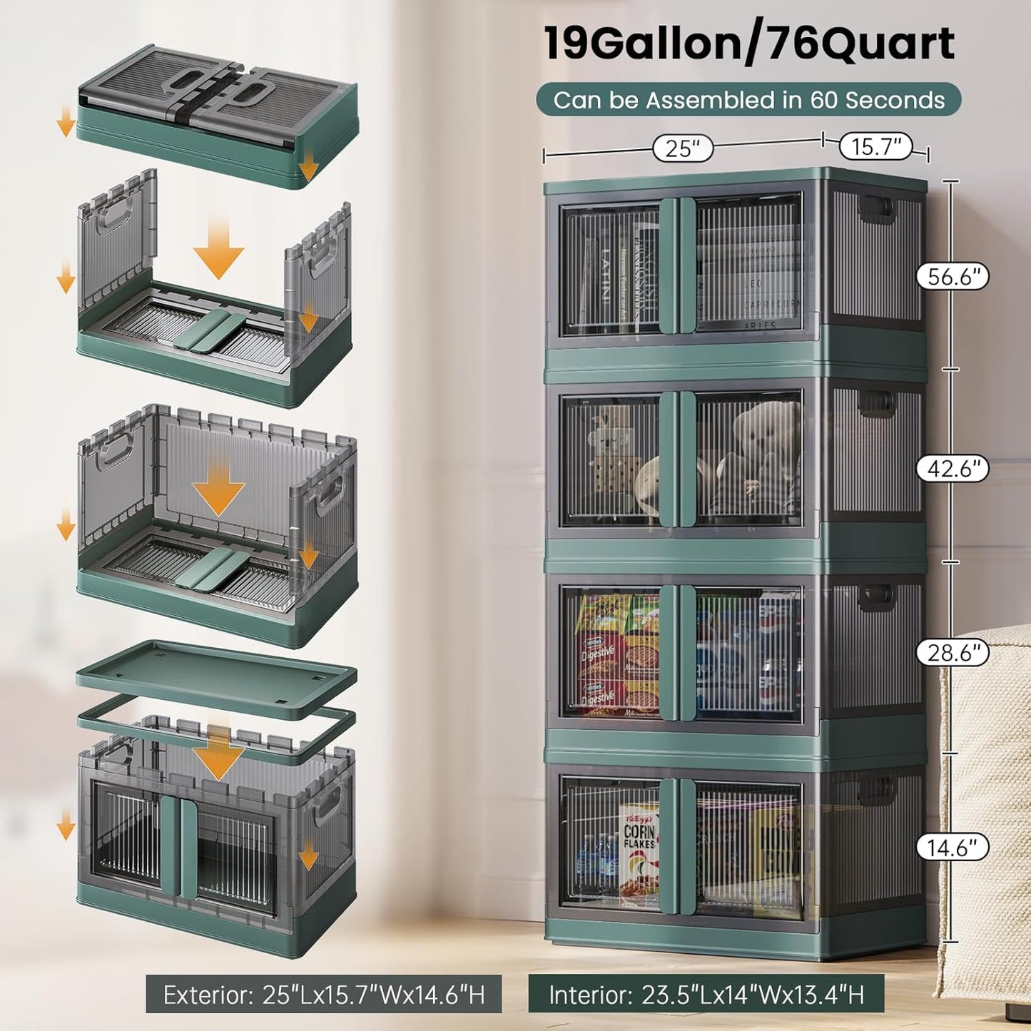 19Gal Collapsible Storage Bins with Lids & Wheels - 3 Pack Stackable with Doors, Heavy-Duty Plastic Containers for Home/Office, Green