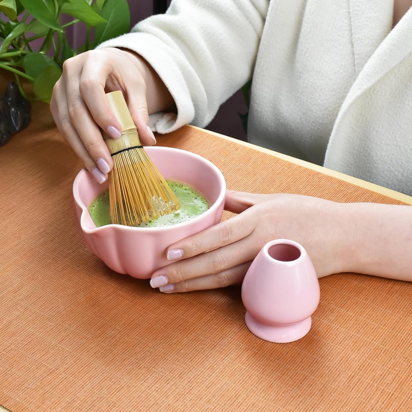 Artcome 7 Pcs Japanese Matcha Tea Set - Matcha Bowl with Pouring Spout, Matcha Whisk, Tea Scoop, Whisk Holder, Handmade Matcha Ceremony Kit For Japanese Tea Ceremony, Rose