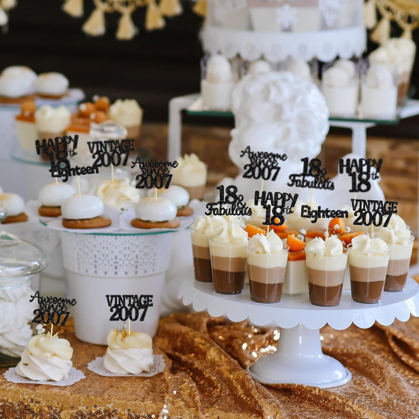 Gyufise 30Pcs Vintage 2007 Cupcake Toppers Glitter Eighteen Happy 18th Cupcake Picks Happy 18th Birthday Cake Decorations for Happy 18th Birthday Fabulous Anniversary Party Supplies Black