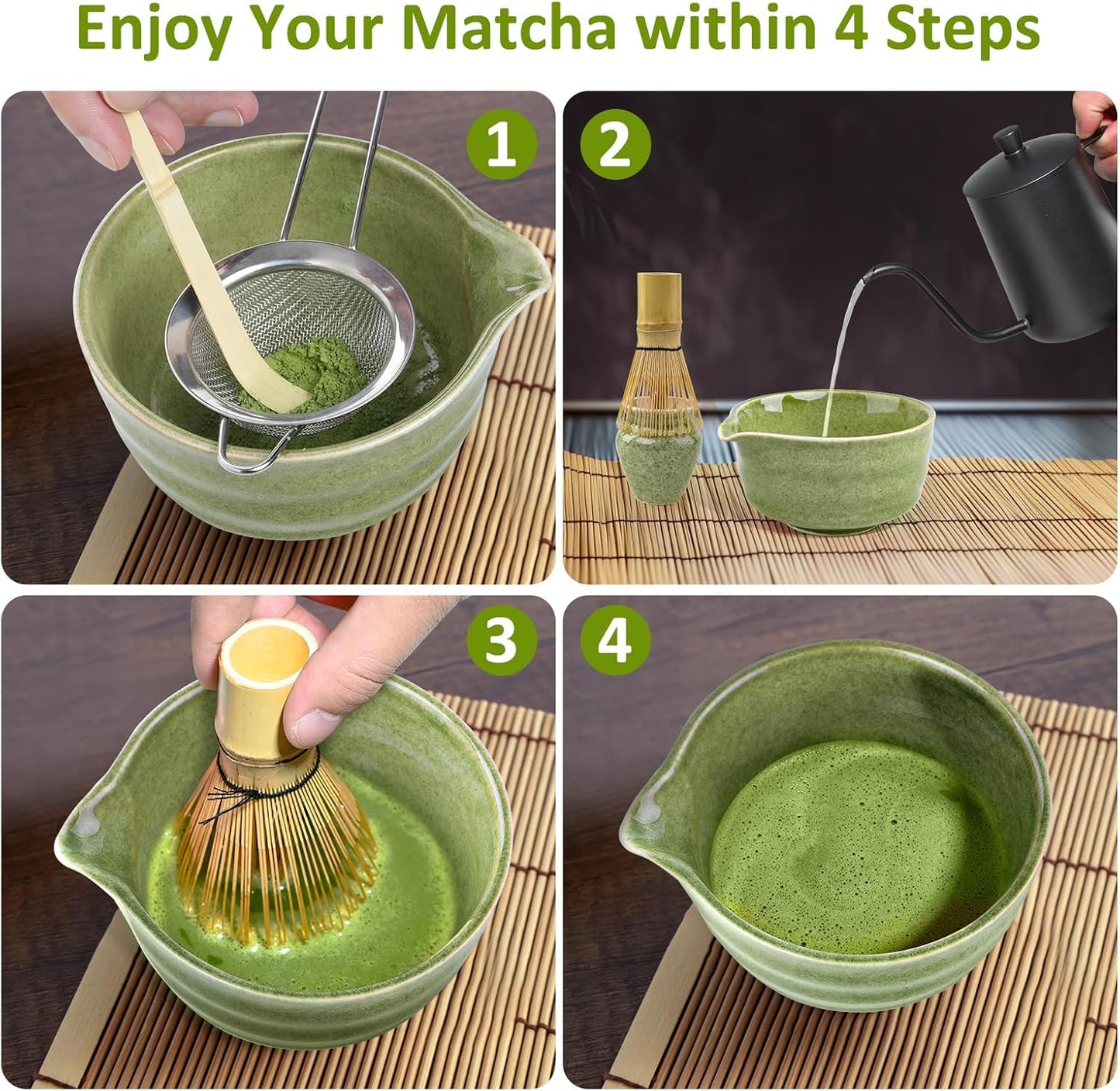 Matcha Set, 9 Pcs Japanese Matcha Whisk Set Matcha Tea Set for Traditional Tea Ceremony, Ceramic Matcha Kit for Matcha Drinks Matcha Set Whisk and Bowl Gift for Starters & Matcha Lover, Green