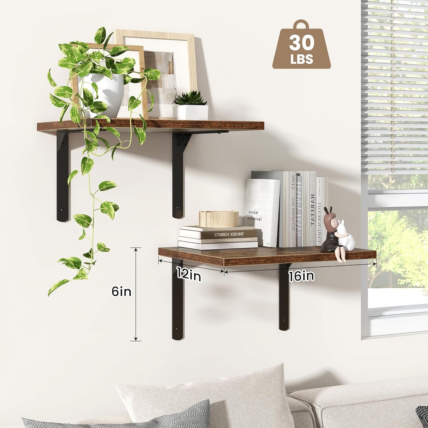 Fun Memories Rustic Brown 12 Inch Deep Floating Shelves Set of 2, Wall Mounted Shelf with Metal Brackets, Rustic Wood Wall Shelf for Bathroom, Kitchen and Living Room