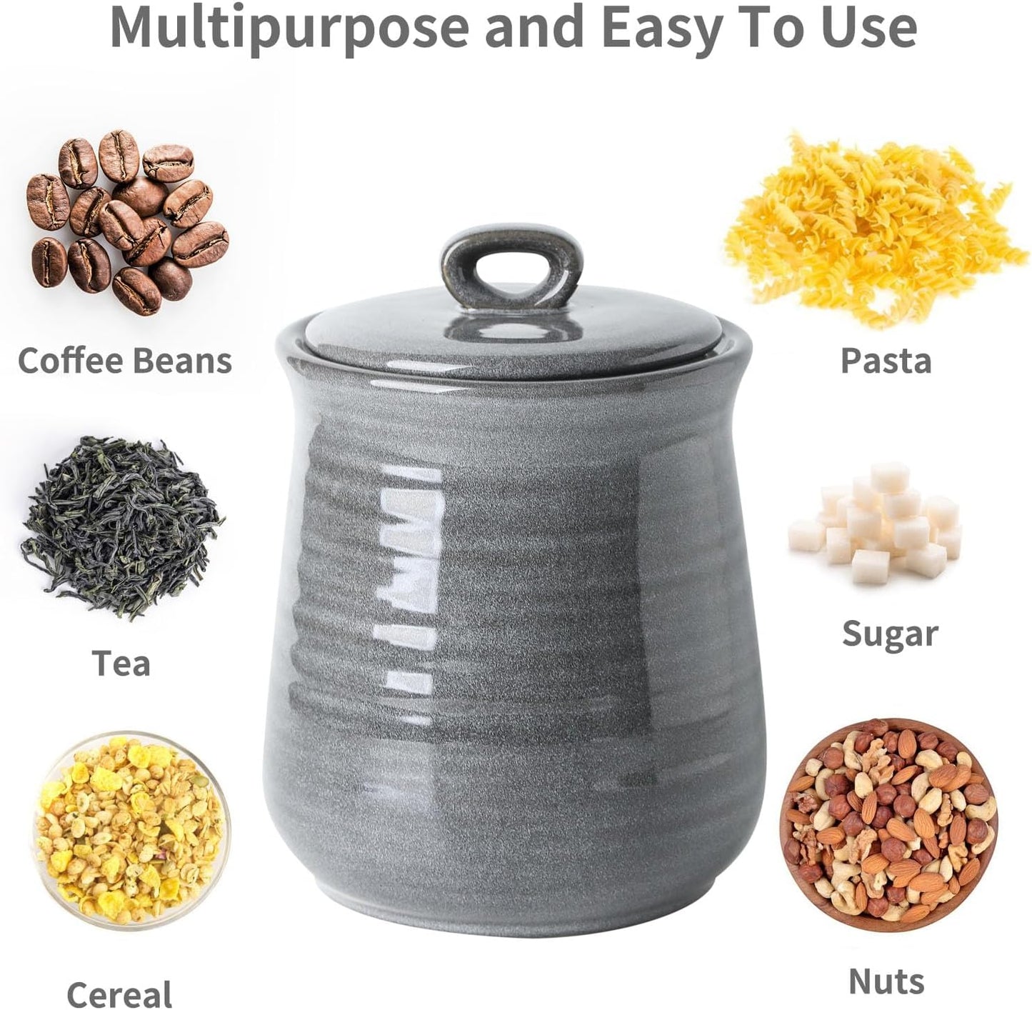 Hasense Coffee Canister with Airtight Lid, Porcelain Food Storge Container for Kitchen, Large Cookies Jar for Countertop, Ideal for Coffee Bean, Flour, Sugar, Cereal, 80 FL OZ(Grey)