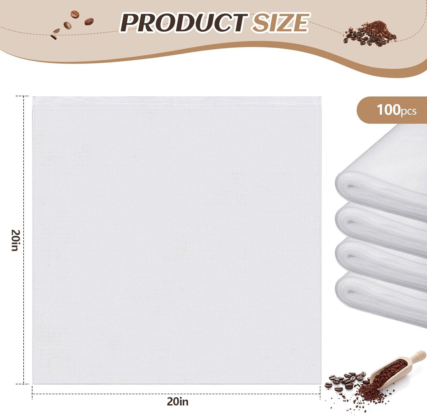 100 Pcs 20" x 20" Commercial Home Cold Brew Coffee Filter Bags with Drawstring, Disposable for Commercial Home Cold Brew Coffee Makers
