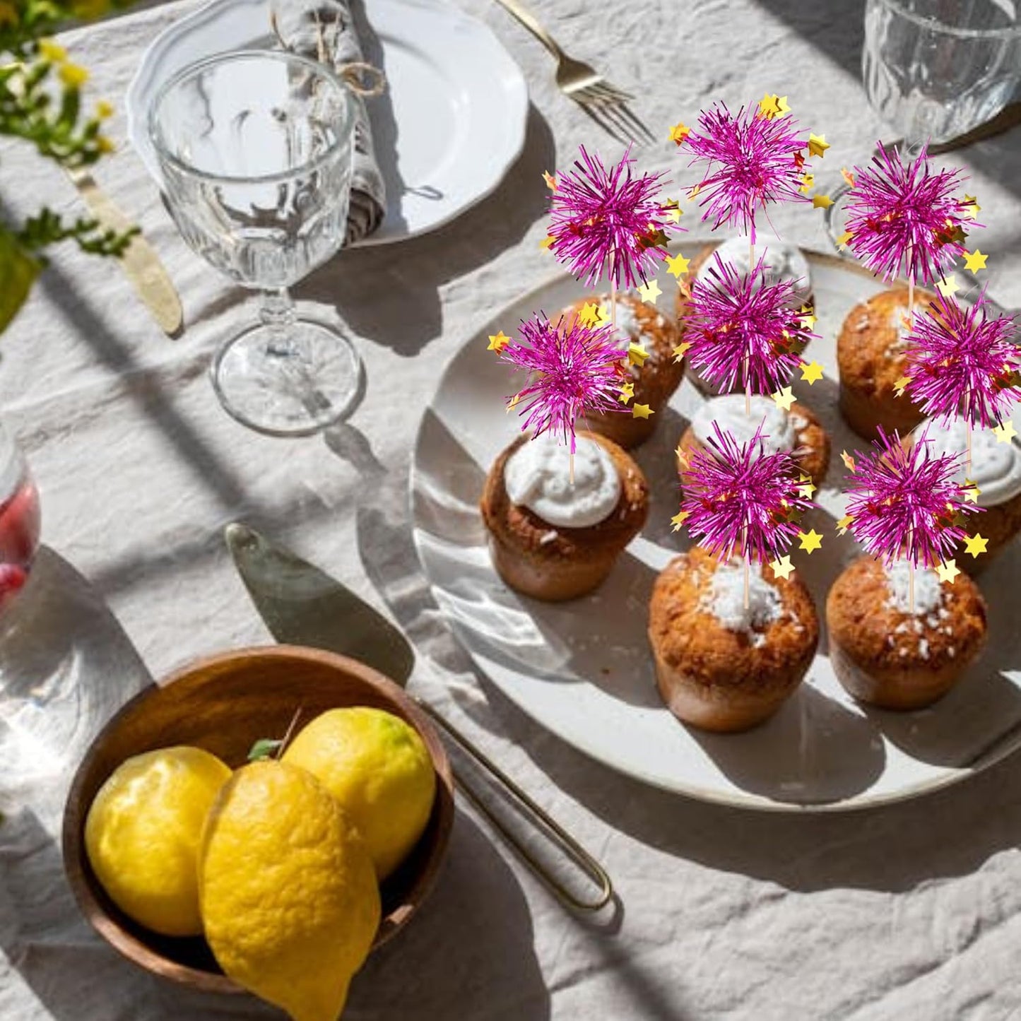 30 PCS Foil Firework Cupcake Toppers Happy Birthday Star Cupcake Picks Sparkle Tinsel Drink Stirrers Cocktail Fruit Toothpicks for Valentine's Day Wedding Birthday Party Decorations Supplies Purple