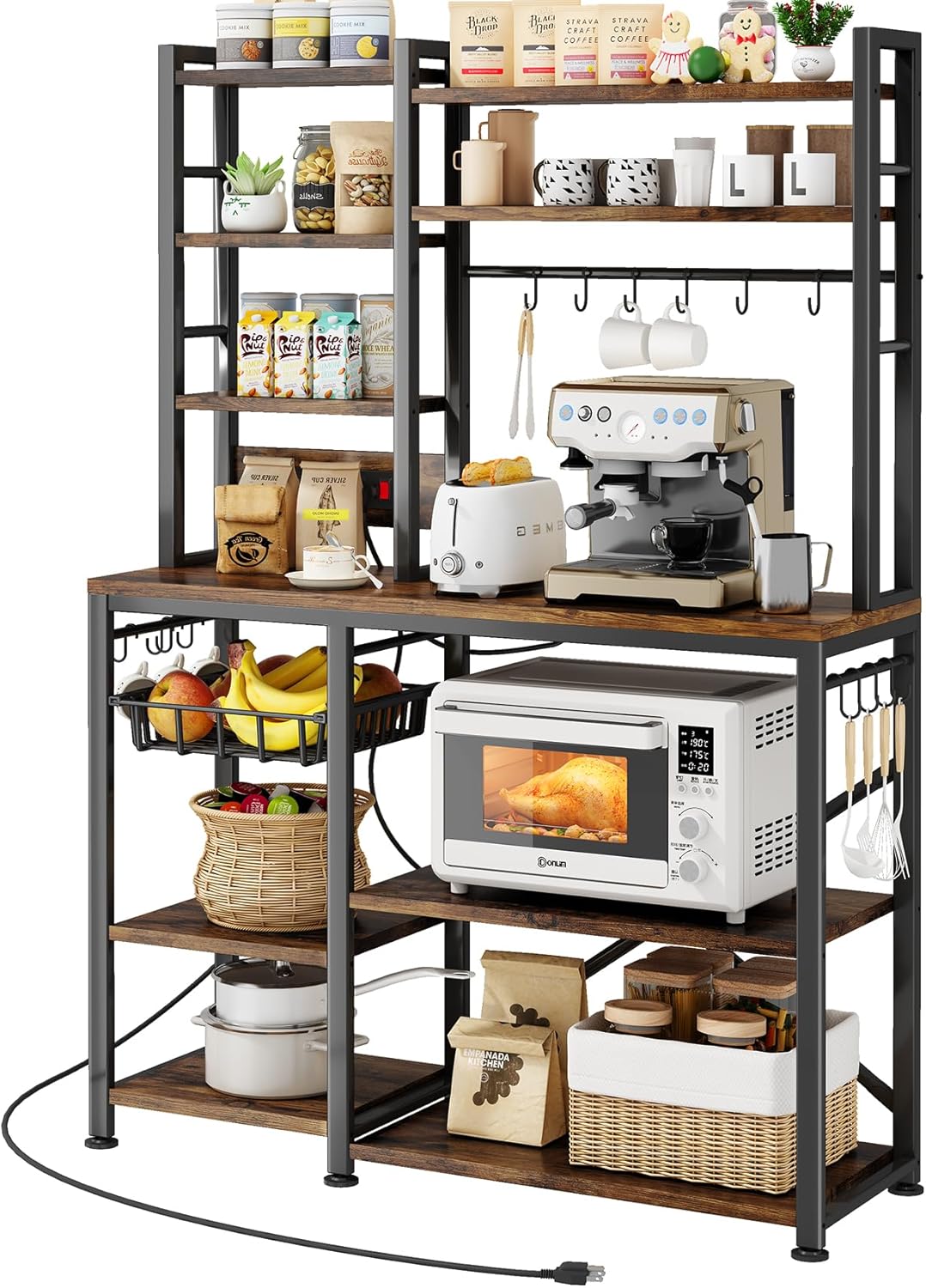 Baker Rack with Power Outlet - Microwave Stand with Storage, Large Coffee Bar Station with 14 Hooks, Metal Kitchen Shelf Rack for Spices, Pots (Rustic Brown)