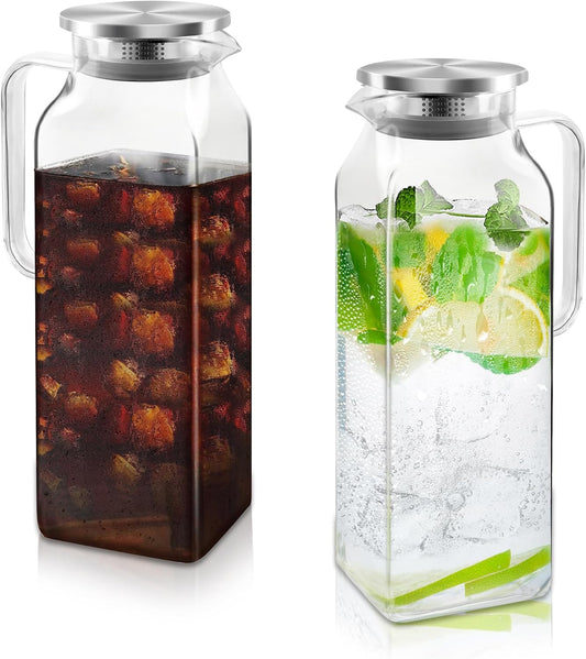 68 oz Square Glass Pitcher with Lid and Spout, 2 Quart Lightweight Water Pitchers for Hot/Cold Drink, Borosilicate Jugs, Heat Resistant, Glass Carafe with Handle,Ideal for Fridge Storage(2Pack)