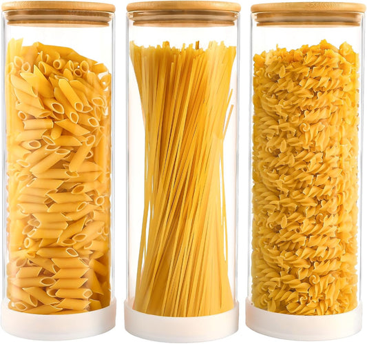 73oz Round Glass Storage Containers with Bamboo Lids – 3 Pack Large Airtight Clear Food Jars for Pantry Organization, Kitchen Dry Food, Flour, Pasta, Coffee Beans, Staples & Snacks