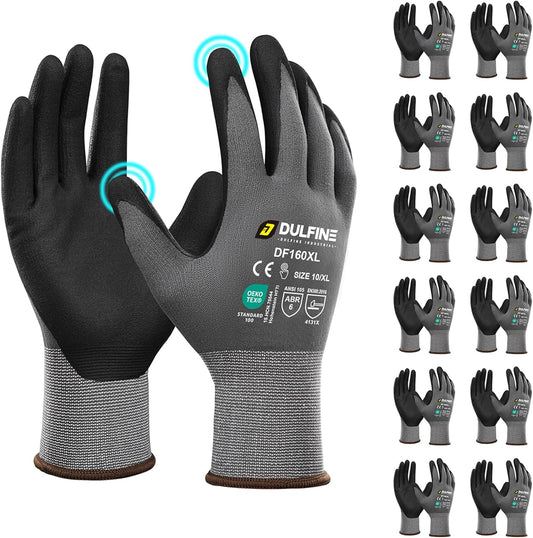 DULFINE Safety Work Gloves MicroFoam Nitrile Coated-12 Pairs Pack,Seamless Knit Nylon Glove with Black Micro-Foam Nitrile Grip,Ideal for General Purpose,Automotive,Home Improvement,Painting(Small)