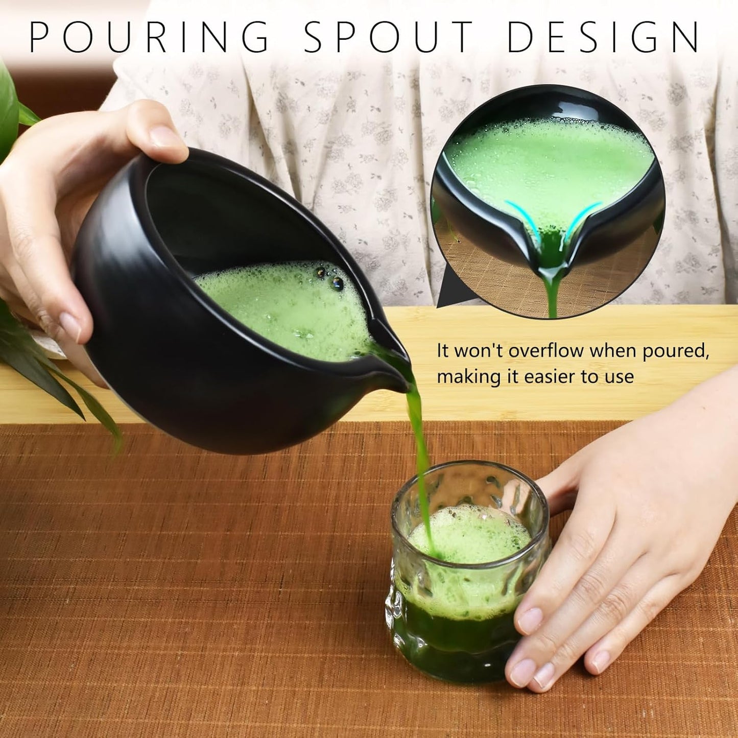 Artcome 4 Pcs Complete Matcha Ceremony Kit - Bowl With Pouring Spout, Whisk, Holder, Scoop - Japanese Tea Set for Making Usucha, Koicha and Latte (Black)