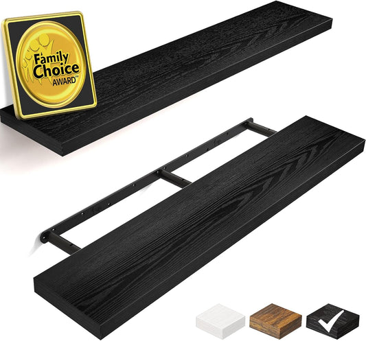 BAYKA Floating Shelves, 36" Wall Mounted Rustic Wood Shelves for Bathroom, Bedroom, Living Room, Kitchen, Office, Hanging Shelf for Books/Storage/Decor(Black,Set of 2)