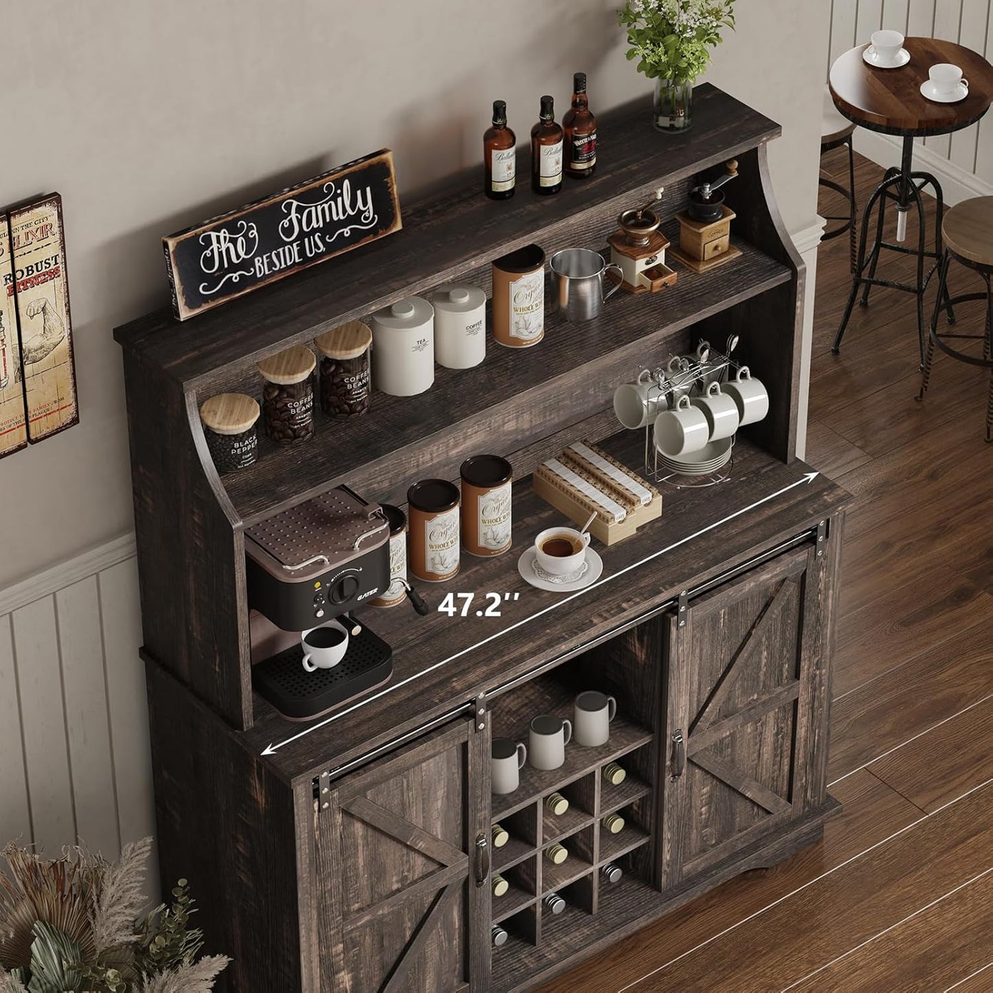 47 Inch Farmhouse Coffee Bar Cabinet with 3-Tier Storage, Kitchen Hutch with 9 Wine Racks & 3 Glass Holders, Coffee Bar with 6 Hooks, Wine Bar Cabinet for Dining Living Room, Rustic Oak