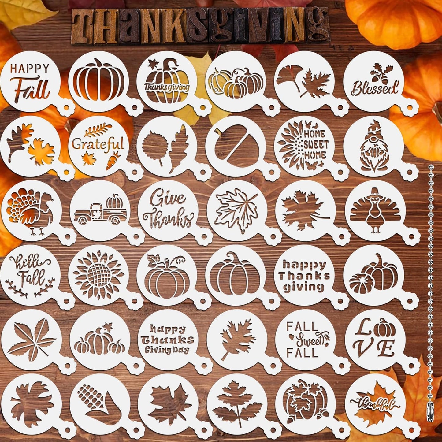 JULBEAR 36 Pieces Thanksgiving Stencils Fall Reusable Cookie Cake Stencils Templates Mold Tools for Decorating Autumn Holiday Cake DIY Baking Painting Dessert Coffee Decoration