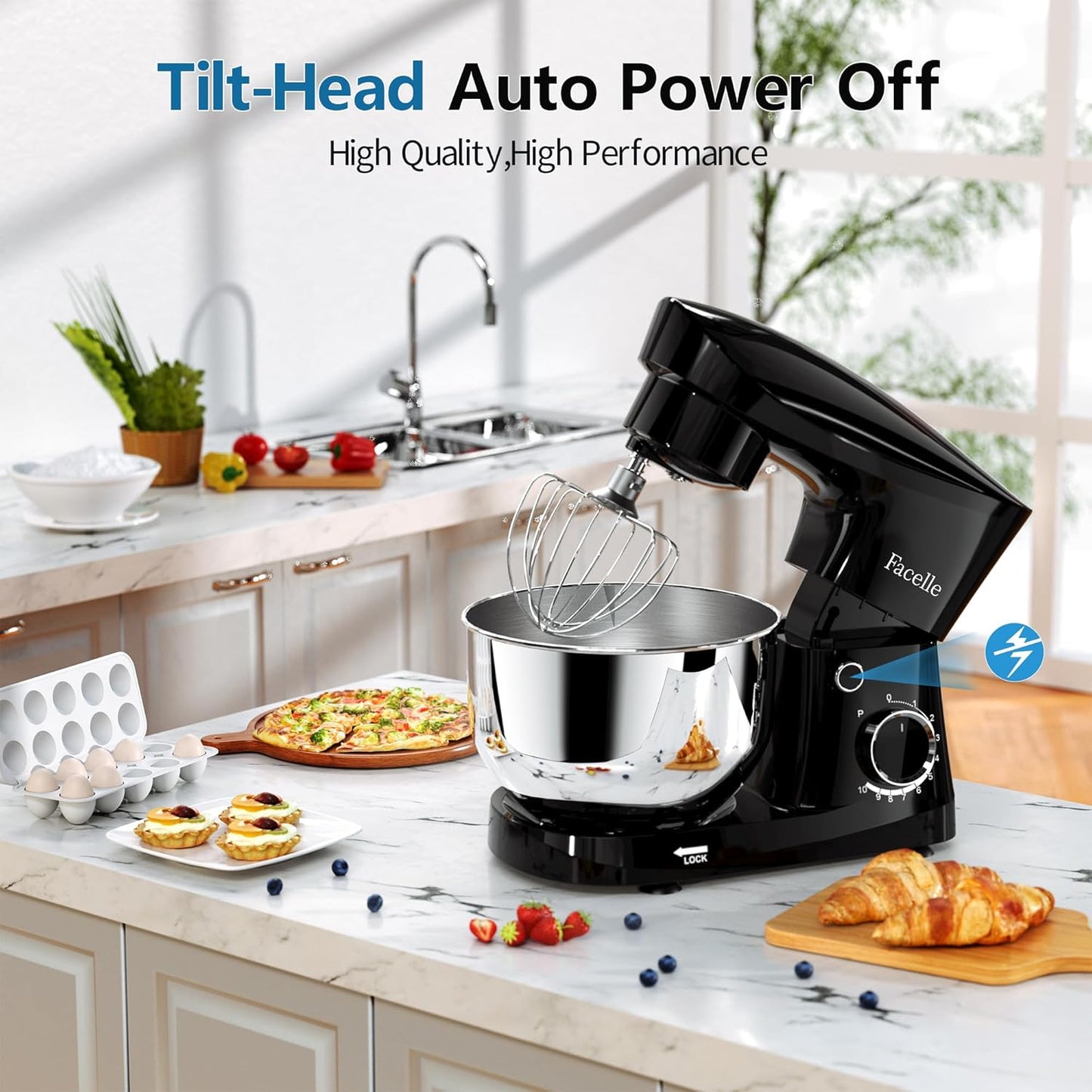 Facelle Stand Mixer, 10-Speed 6QT Kitchen Electric Mixer, Tilt-Head Food mixer with Beater, Dough Hook, Wire Whip and Egg Separator, scraper for Most Home Cooks - Black