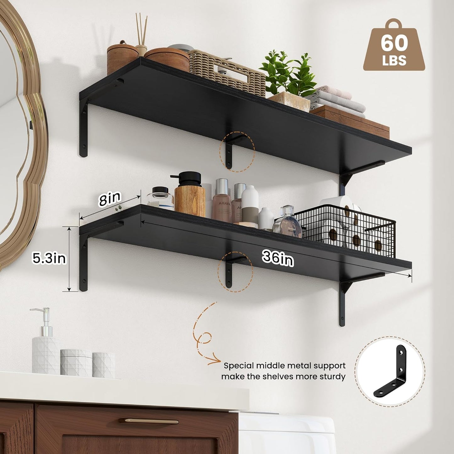 Fun Memories Deep Floating Shelves, 36W x 8D Floating Shelves Set of 2, Wall Mounted Shelf with Metal Brackets, Rustic Wood Wall Shelf for Bathroom, Kitchen and Living Room, Black