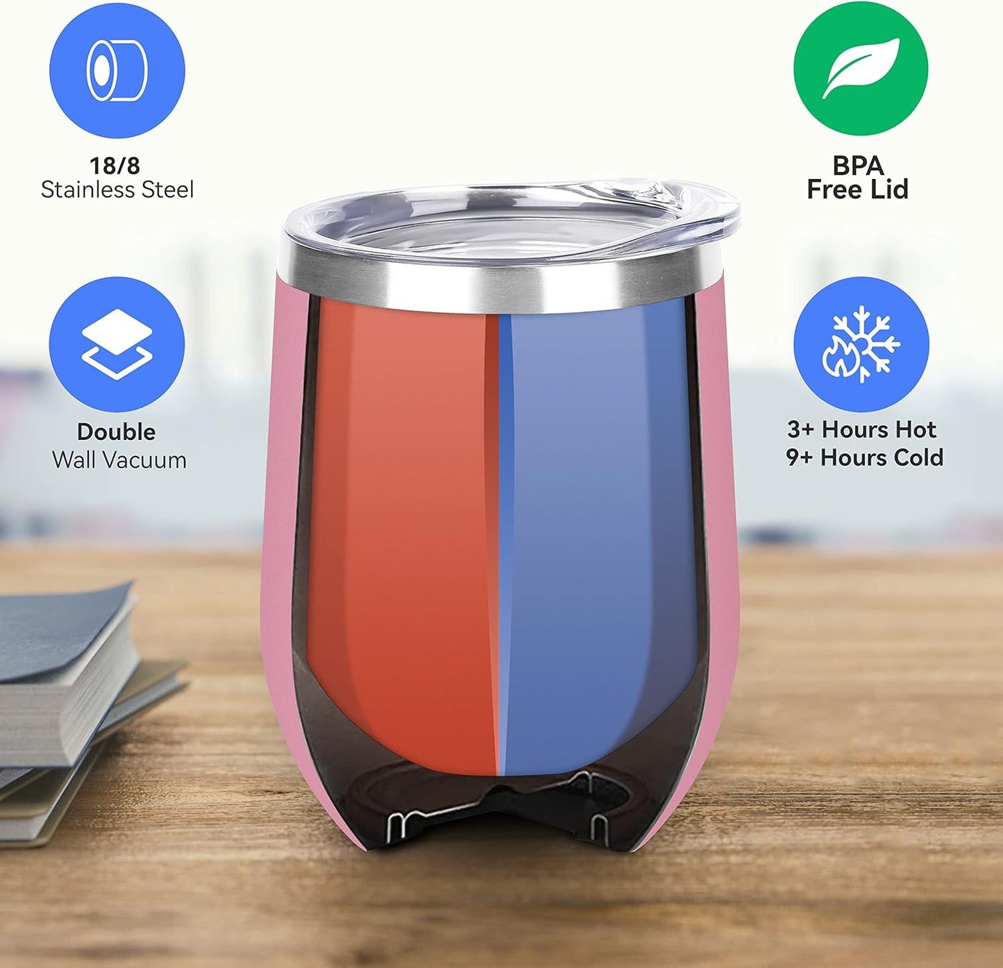 DOMICARE Stainless Steel Wine Tumbler Bulk with Lid, Personalized Insulated Tumblers Set, 12oz Travel Coffee Cups Pack of 1, Pink