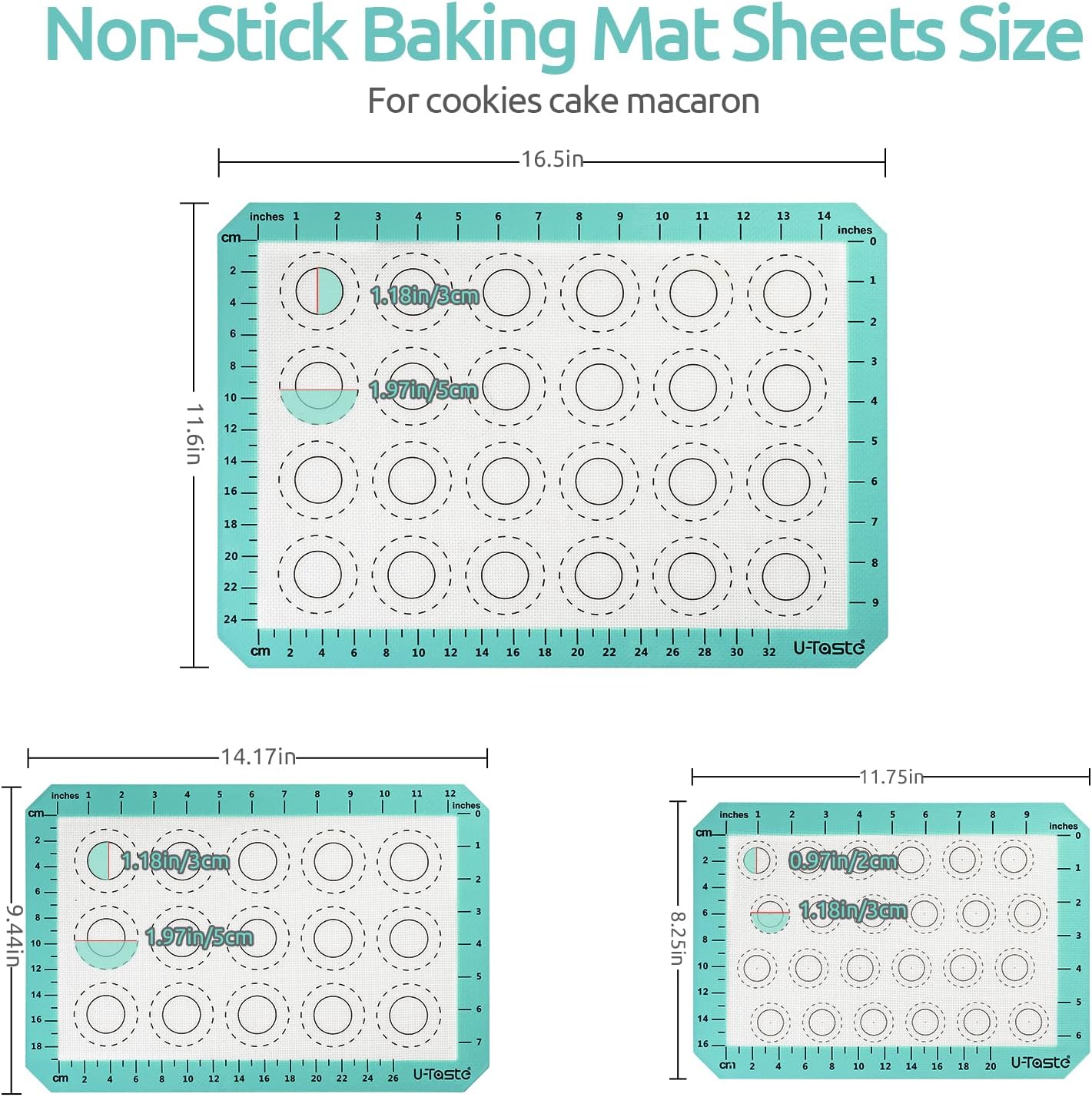 U-Taste 446ºF Heat Resistant Macaron Silicone Baking Mat, Non Stick Reusable Cookies Pastry Sheet Liner with Edge Enhancement Circle Measurement (Half/Jelly Roll/Quarter Sheets Size, Aqua Sky)