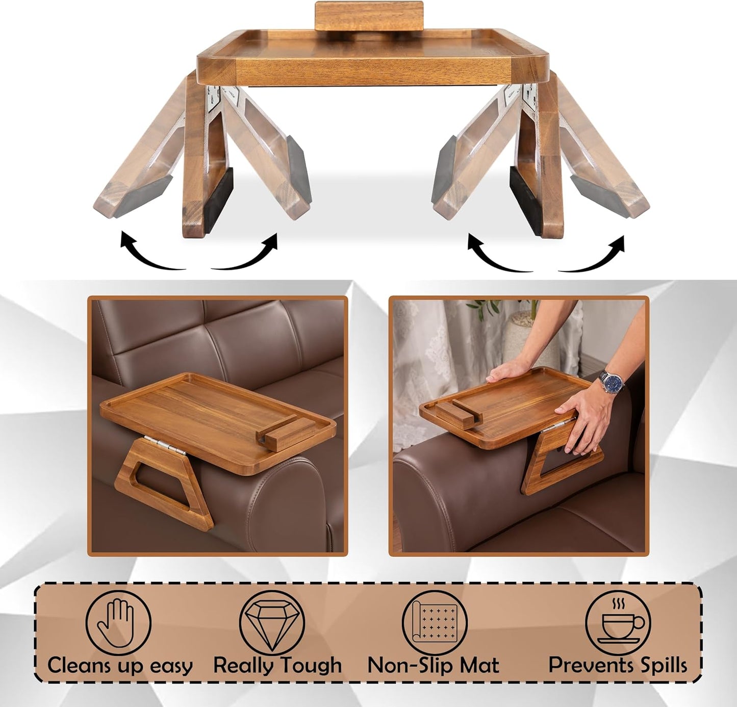Acacia Wood Sofa Armrest Tray -15.4 x 9.84 in Double Hinge Sofa Arm Tray Table Clip-Couch Arm Table-Wooden Side Tables for Eating and Drink (Acacia, 15.4" D x 9.84" W x 5.7" H)(Natural)