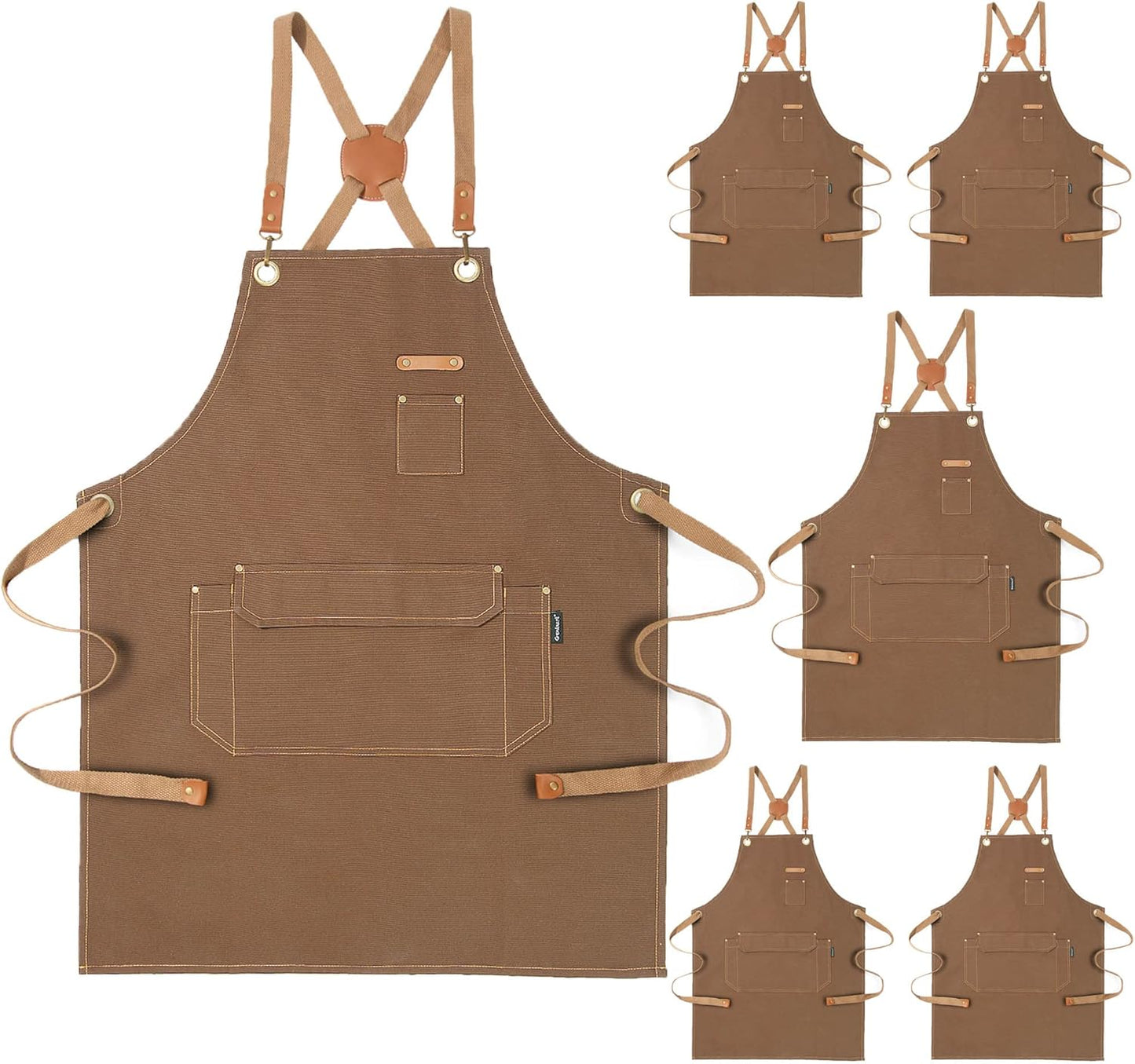 Genixart 6 Bulk Pack Chef Apron for Men Women with Pockets, Cross Back Apron for Kitchen Cooking Baking Artist Painting, Cotton Canvas Work Aprons for Restaurant, Cafe Shop, Garden (Brown, M to XXL)