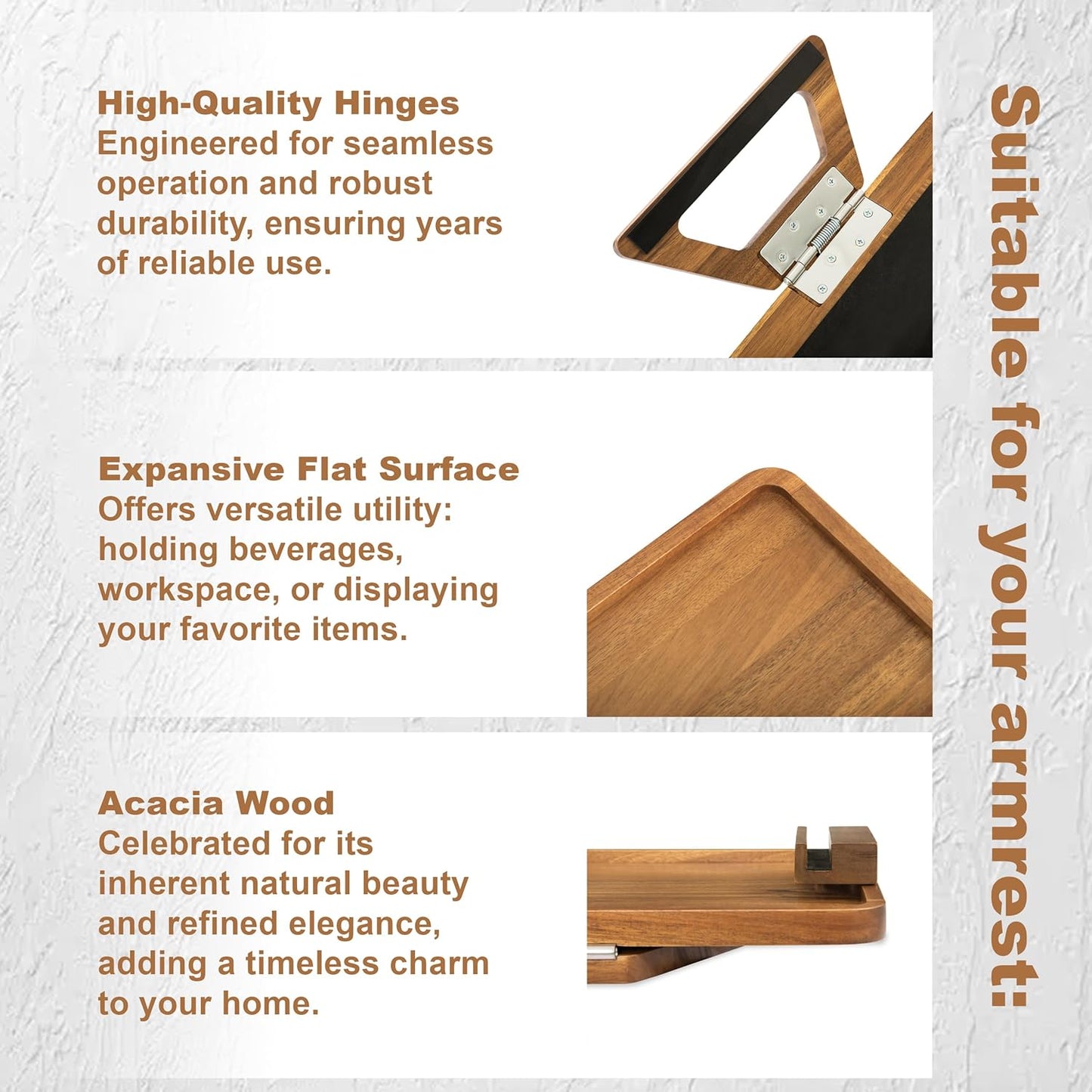 Acacia Wood Sofa Armrest Tray -15.4 x 9.84 in Double Hinge Sofa Arm Tray Table Clip-Couch Arm Table-Wooden Side Tables for Eating and Drink (Acacia, 15.4" D x 9.84" W x 5.7" H)(Natural)