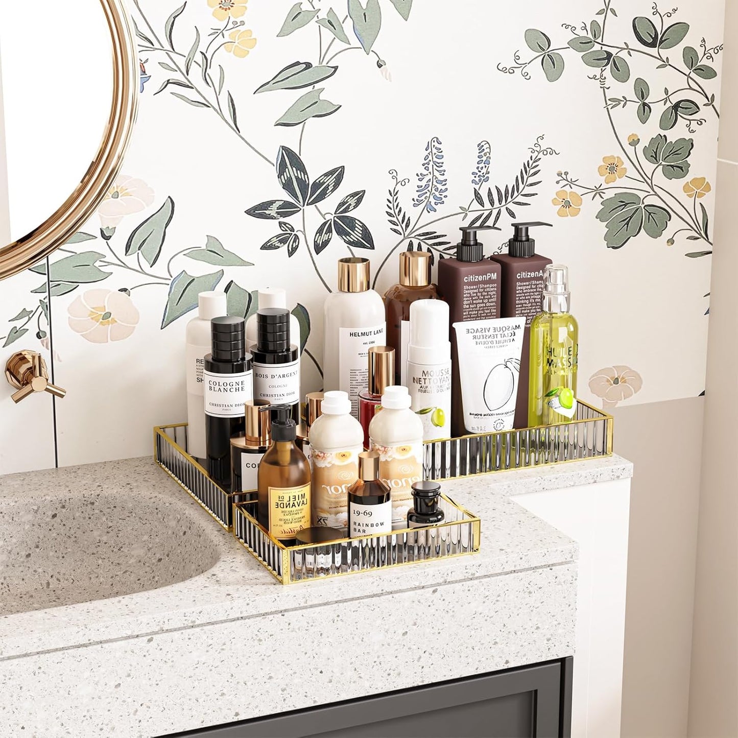 DAWNTREES Glass Vanity Tray, Bathroom Counter & Bedroom Dresser Organizer, Gold Border with Glass Bottom,Jewelry Makeup Perfume Display Trays for Home Decor,Set of 3 (Small, Medium, Large)