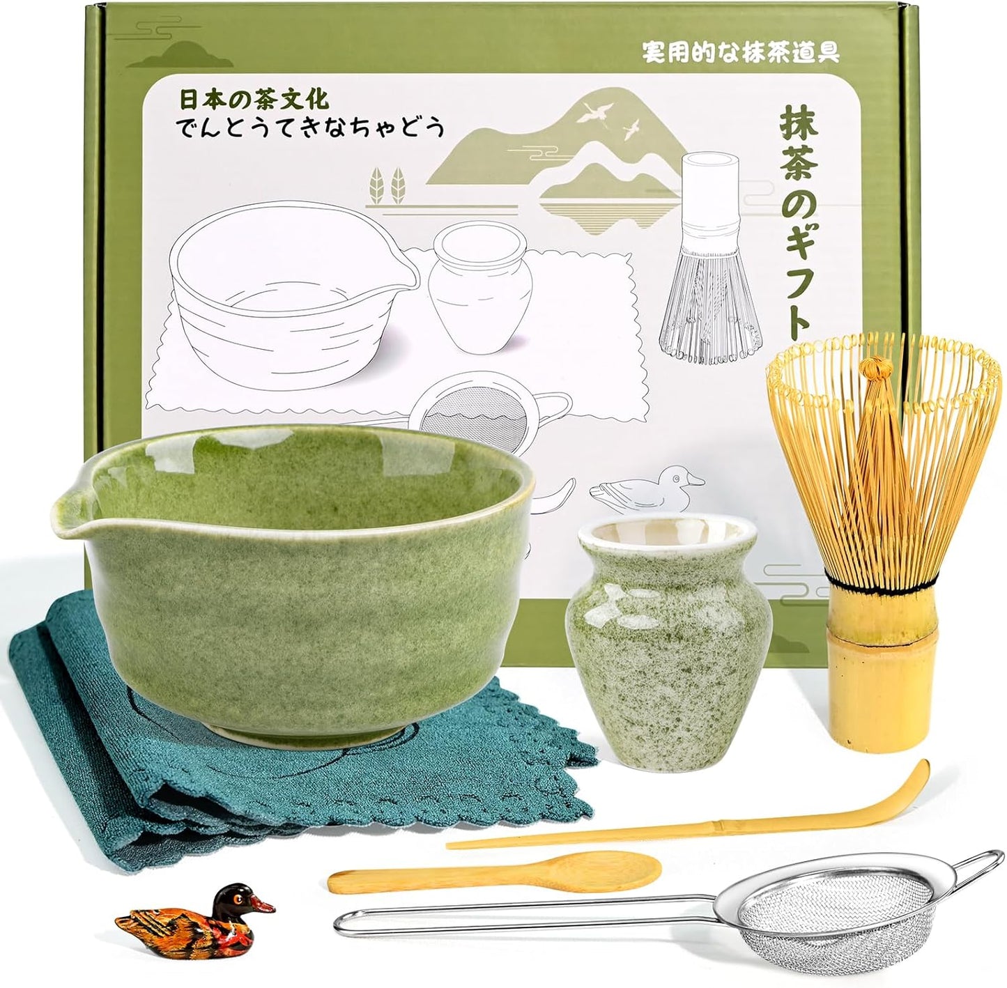 Matcha Set, 9 Pcs Japanese Matcha Whisk Set Matcha Tea Set for Traditional Tea Ceremony, Ceramic Matcha Kit for Matcha Drinks Matcha Set Whisk and Bowl Gift for Starters & Matcha Lover, Green