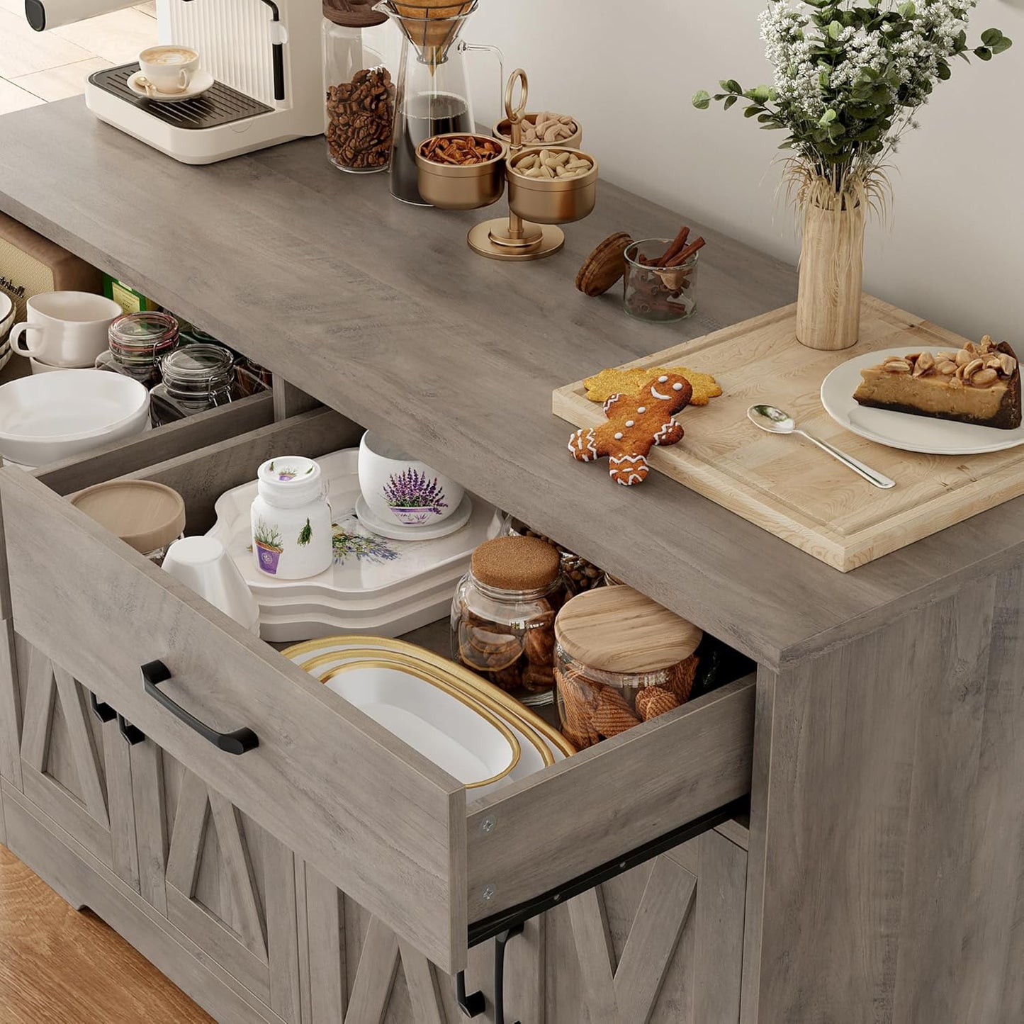 HOSTACK Buffet Cabinet with Storage, 47.2" Kitchen Sideboard Buffet with Drawers, Modern Farmhouse Coffee Bar Station with Shelves, Barn Doors Storage Cabinet for Living Room, Ash Grey