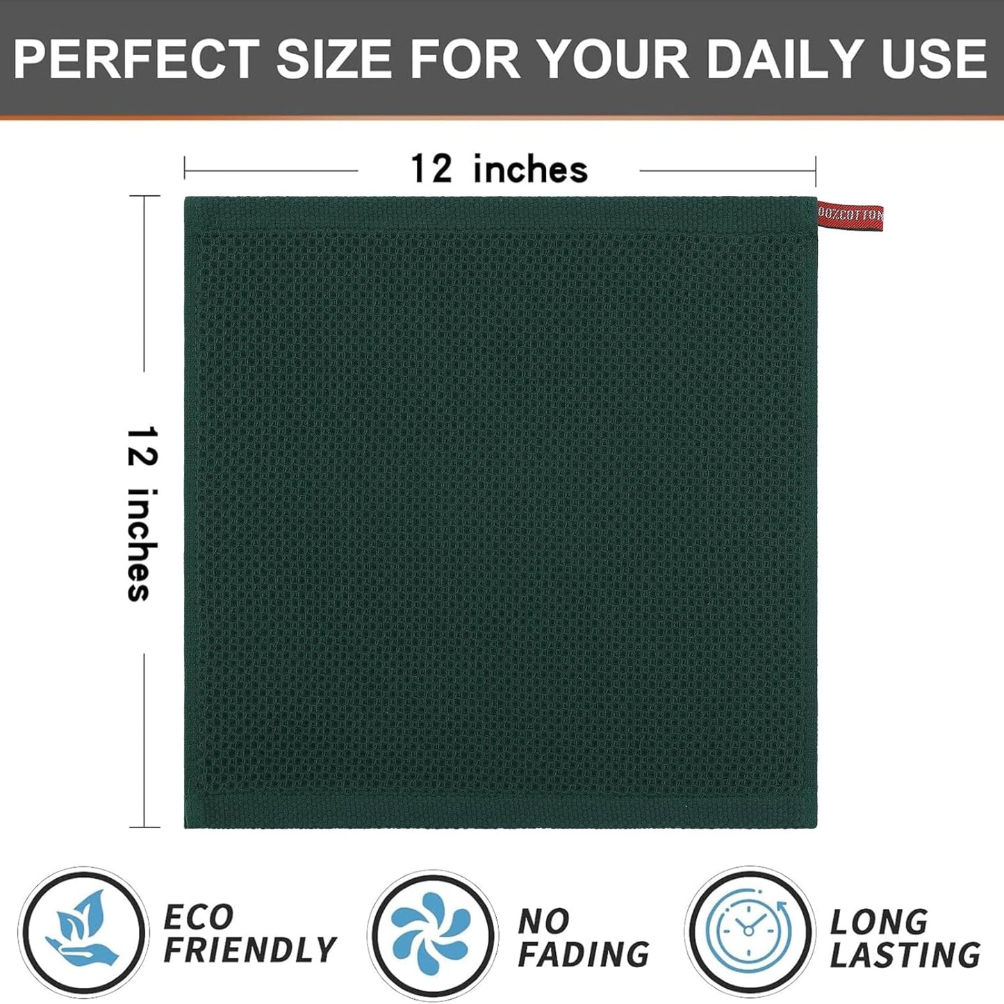 Kitinjoy 100% Cotton Kitchen Dish Cloths, 6 Pack Waffle Weave Ultra Soft Absorbent Dish Towels for Drying Dishes Quick Drying Kitchen Towels Dish Rags, 12 X 12 Inches, Blackish Green