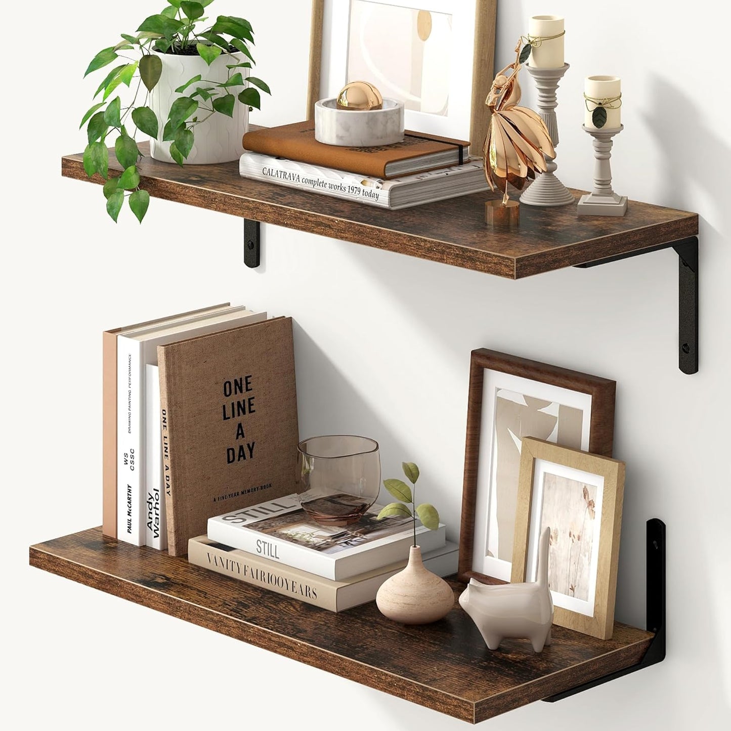 Fun Memories Deep Floating Shelves, 24W x 8D Floating Shelves Set of 2, Wall Mounted Shelf with Metal Brackets, Rustic Wood Wall Shelf for Bathroom, Kitchen and Living Room, Rustic Brown