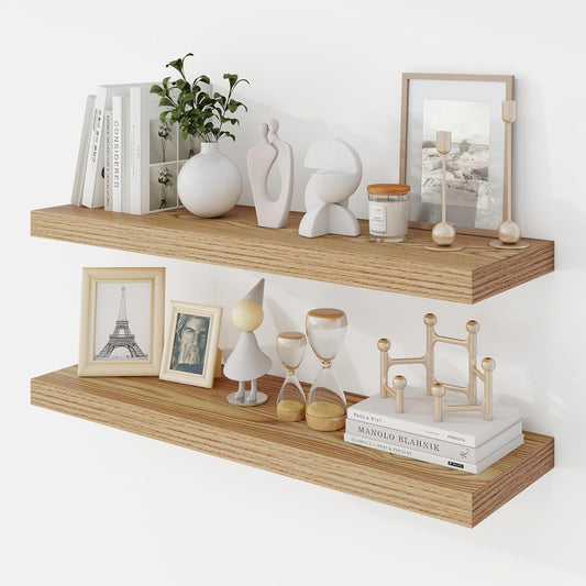 30 Inch Floating Shelves, 9.3" Deep Floating Shelf Wall Mounted, 30" Wall Shelves, Rustic Deep Bookshelf, Large Display Shelves & Storage Shelves for Bedroom, Living Room, Light Brown, Set of 2