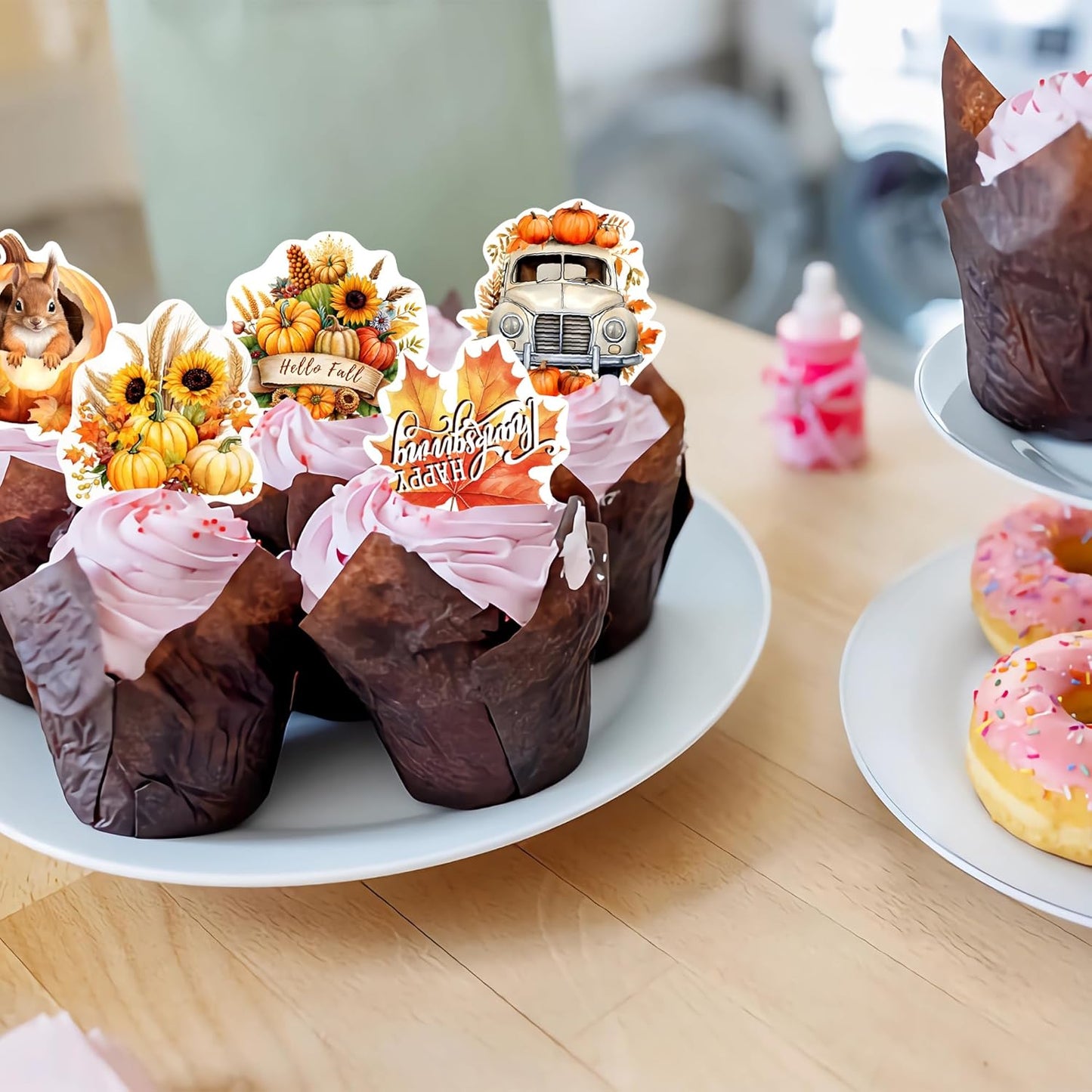 40 PCS Edible Wafer Paper Turkey Pumpkin Fall Theme Cake Picks Autumn Decorations for Thanksgiving Party