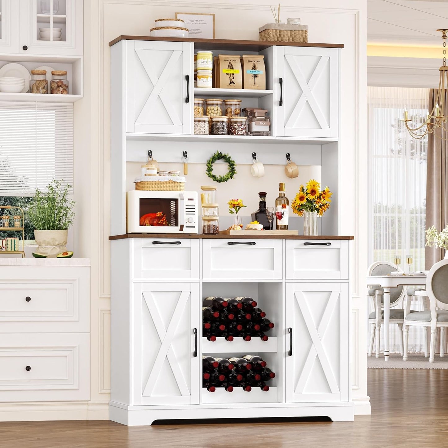 HIFIT 72" Large Kitchen Pantry Storage Cabinet with Barn Doors & Shelves & Drawers, Farmhouse Tall Kitchen Hutch with Bar Cabinet and Microwave Stand, Cupboard Wine Rack for Kitchen Dining Room, White