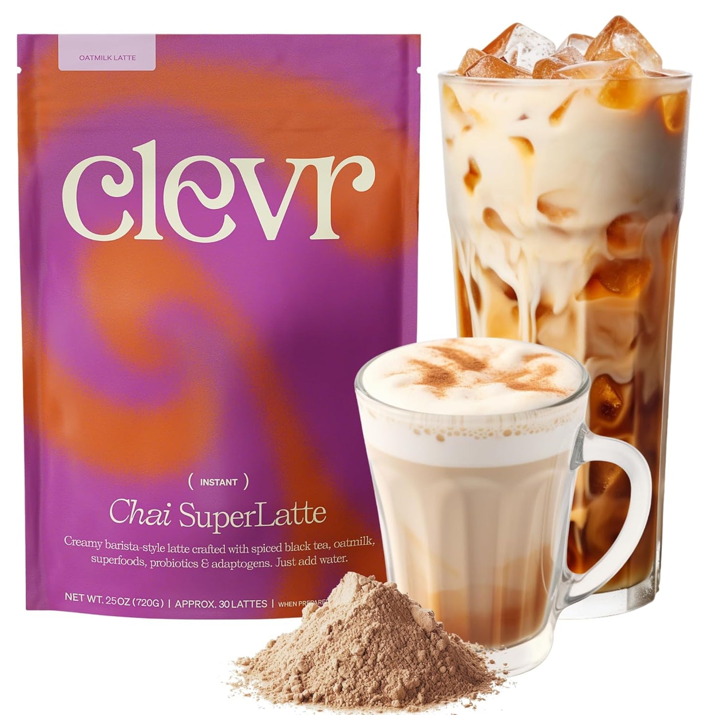 Clevr Blends Chai Tea Latte, Instant Superfood Powder Blend with Oat Milk, Lions Mane, Reishi Mushroom, Black Tea, Organic Spices, Coconut Cream, Ashwagandha, Oprah’s Favorite Things 2022, (30 Lattes)
