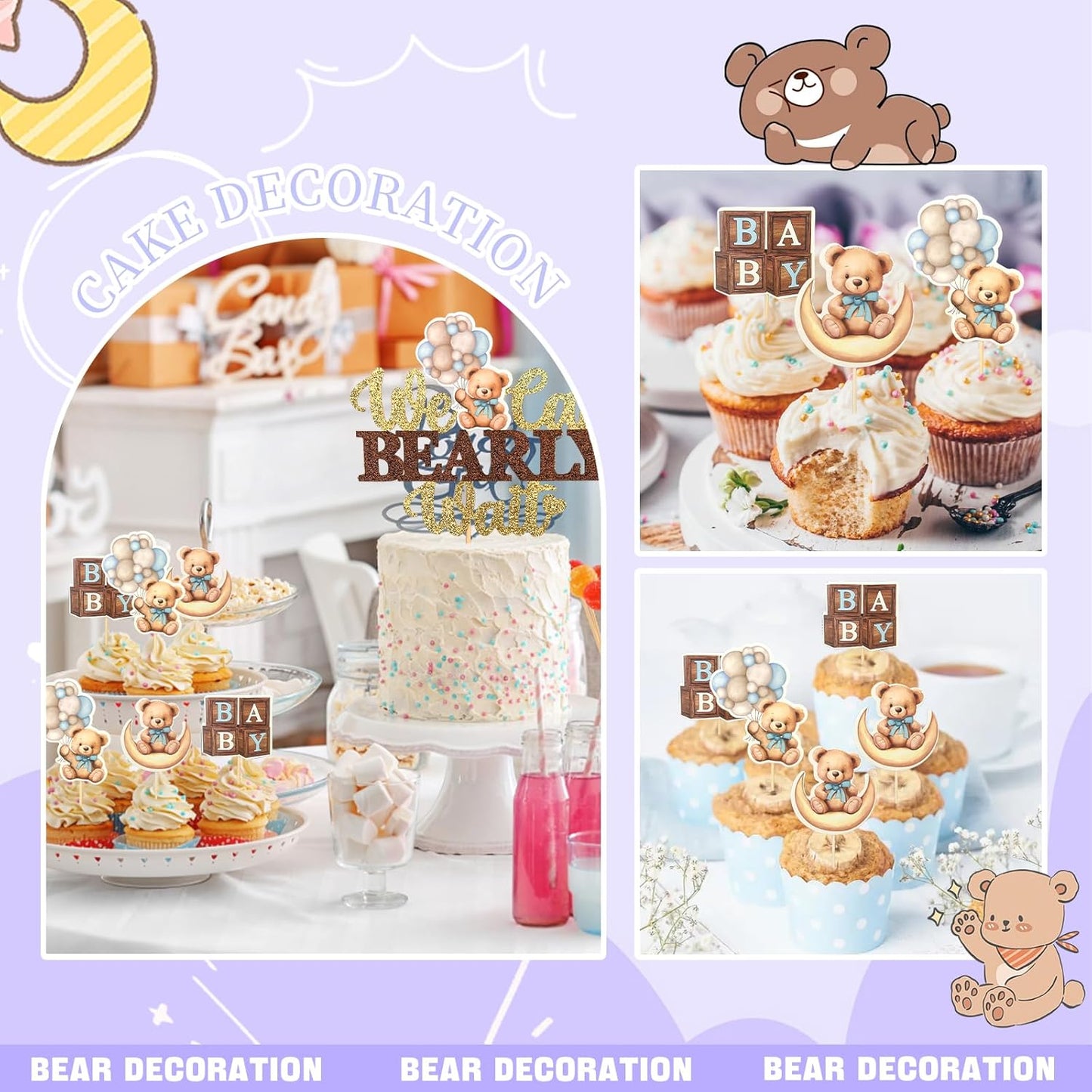 MEMOVAN Bear Baby Shower Cupcake Topper 25pcs We Can Bearly Wait Cake Cupcake Topper Bear Cake Cupcake Decoration for Baby Boy We Can Bearly Wait Bear Theme Birthday Baby Shower Gender Reveal Party