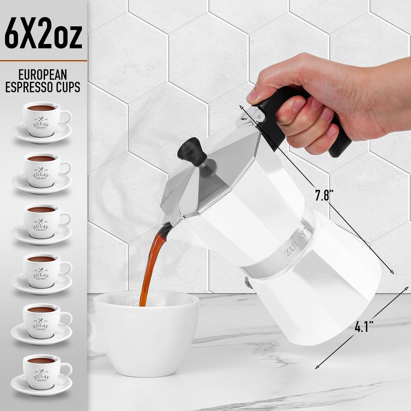 Zulay Moka Pot Espresso Stovetop Coffee Maker - Leak-Proof, Stainless Steel, Easy to Clean, Heat Resistant Handle & Knob - for Authentic Cuban & Italian Style Espresso - Makes 6 Espresso Cups - White