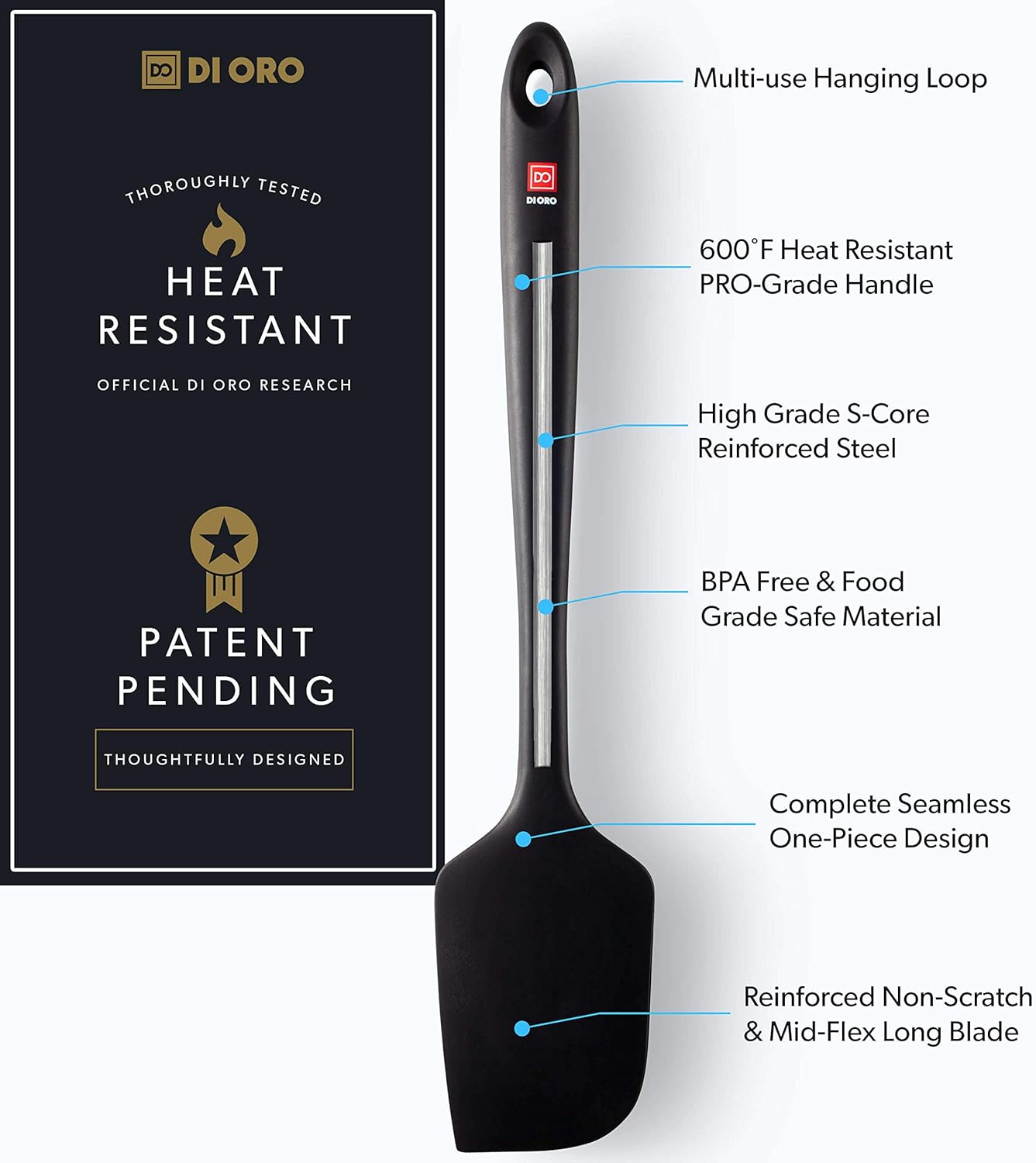 DI ORO Seamless Series Pro 14 Inch Extra Large Silicone Spatula - 600°F Heat-Resistant Rubber Spatula - Great for Baking, Cooking, and Scraping - BPA Free and LFGB Certified Food Safe Silicone (Black)