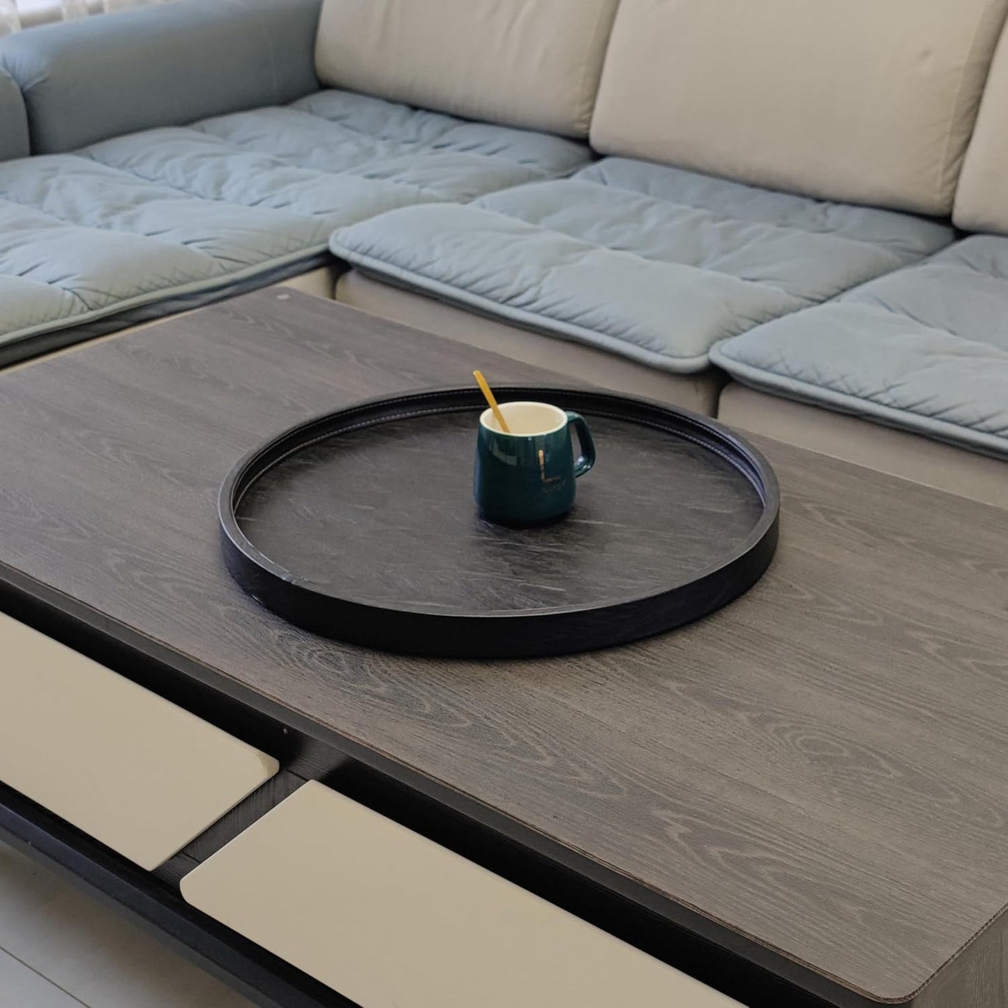 20 * 20 inches high-end Light Luxury Leather Round Oversized Service Tray, Ottoman Tray，Coffee Tray, Food Tray, Family Dinner, Out-of-House Picnic, Party Essential Tray (20 inch Black)