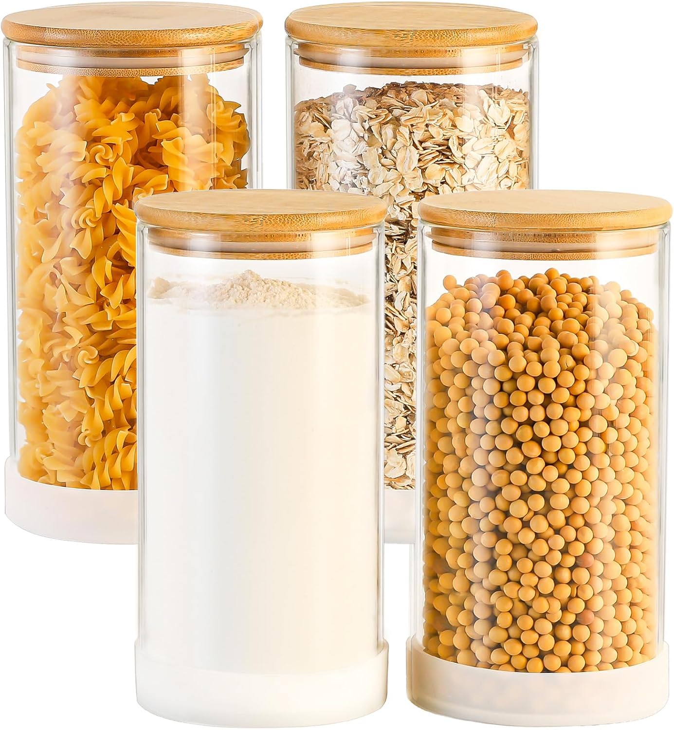 53oz Round Glass Storage Containers with Bamboo Lids – 4 Pack Large Airtight Glass Jars for Pantry Organization, Kitchen Dry Food, Flour, Cereal, Coffee Beans & Staples