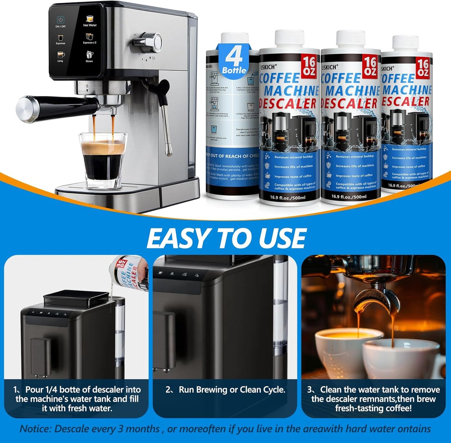 4 Pack Coffee Machine Descaler Cleaner -16 Uses,Descaling Solution for Nespresso Breville Keurig Jura &Delonghi - Coffee Machine Cleaners For All Coffee Makers & Espresso Machines,Glass Pot Cleaner