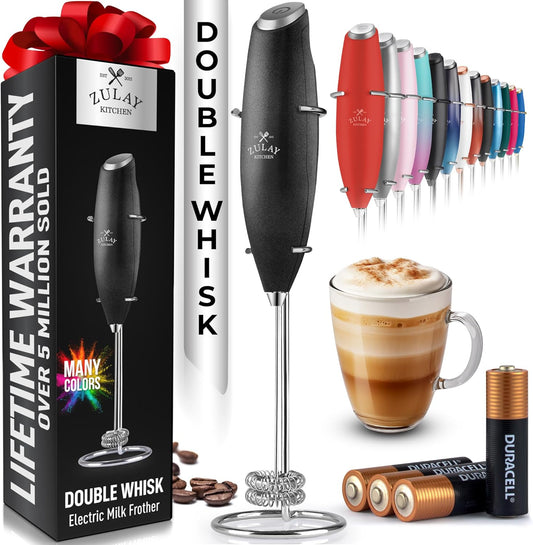 Zulay Kitchen Whisk Milk Frother with 4 Duracell Batteries - Powerful Handheld Foam Maker for Coffee, Lattes, Matcha, Hot Chocolate & Cappuccinos - Whip Creamy Froth in Seconds