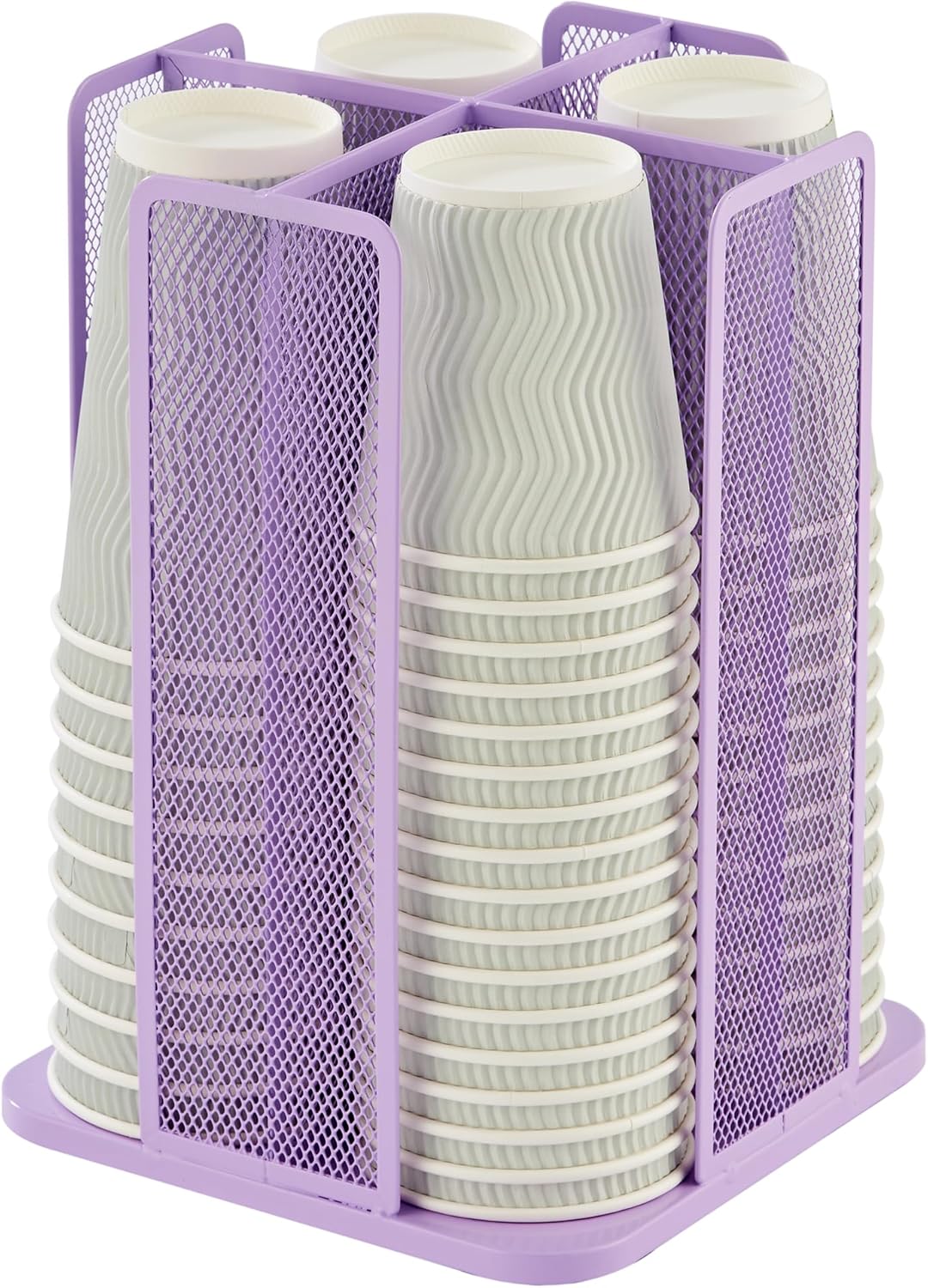 Annova Paper/Plastic Cup and Lid Holder Plastic Storage Organizer, 360°Rotating Coffee Mup Dispenser with 4 Compartments, Multifunctional Storage Rack for Home, Office, Bar, Coffee Shop (Lilac)