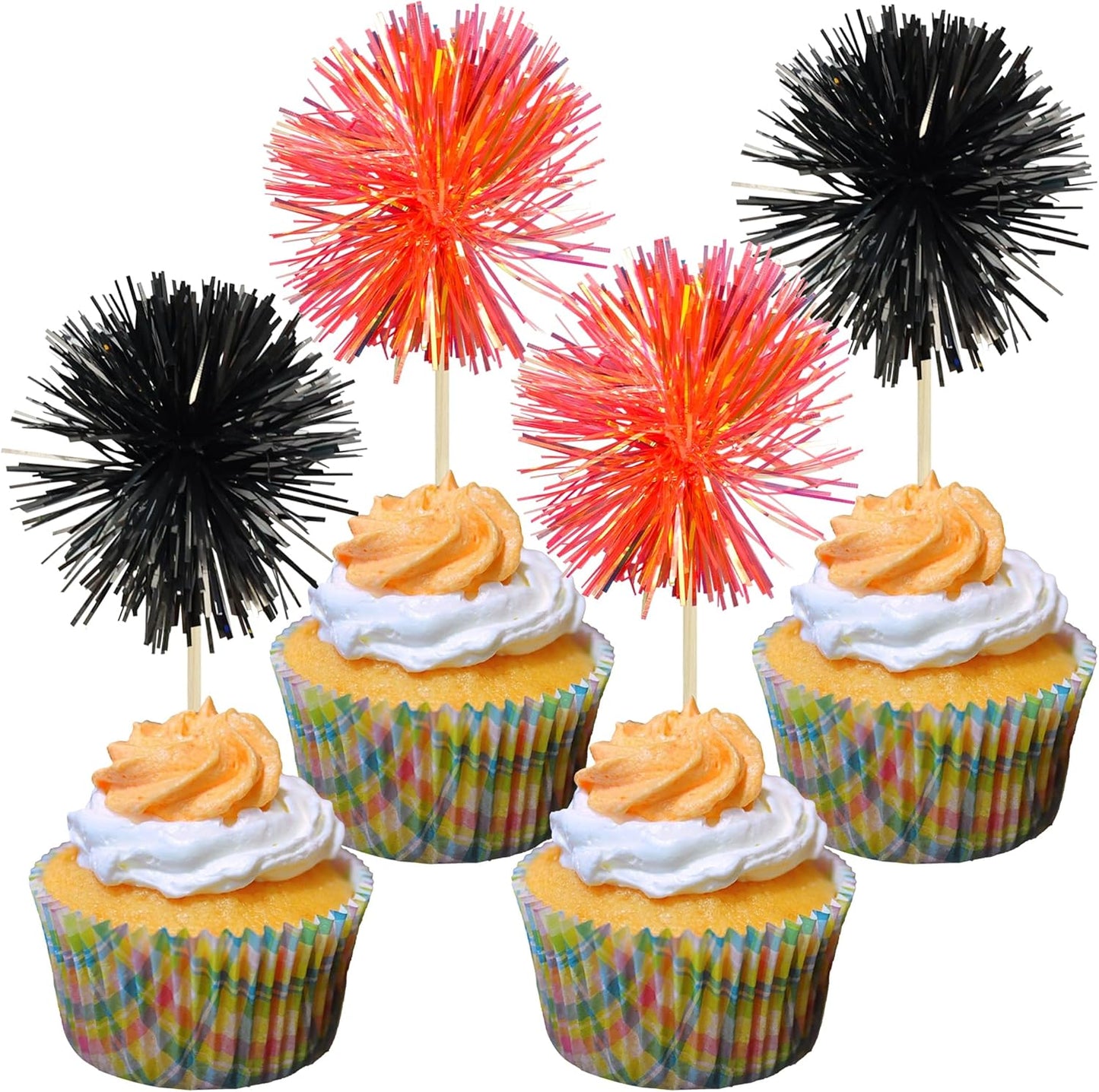 Gyufise 30Pcs Foil Firework Cupcake Toppers Sparkle Tinsel Cake Toppers Tinsel Drink Cake Decoration Cocktail Picks for Birthday Wedding Graduation Party Supplies Black Orange