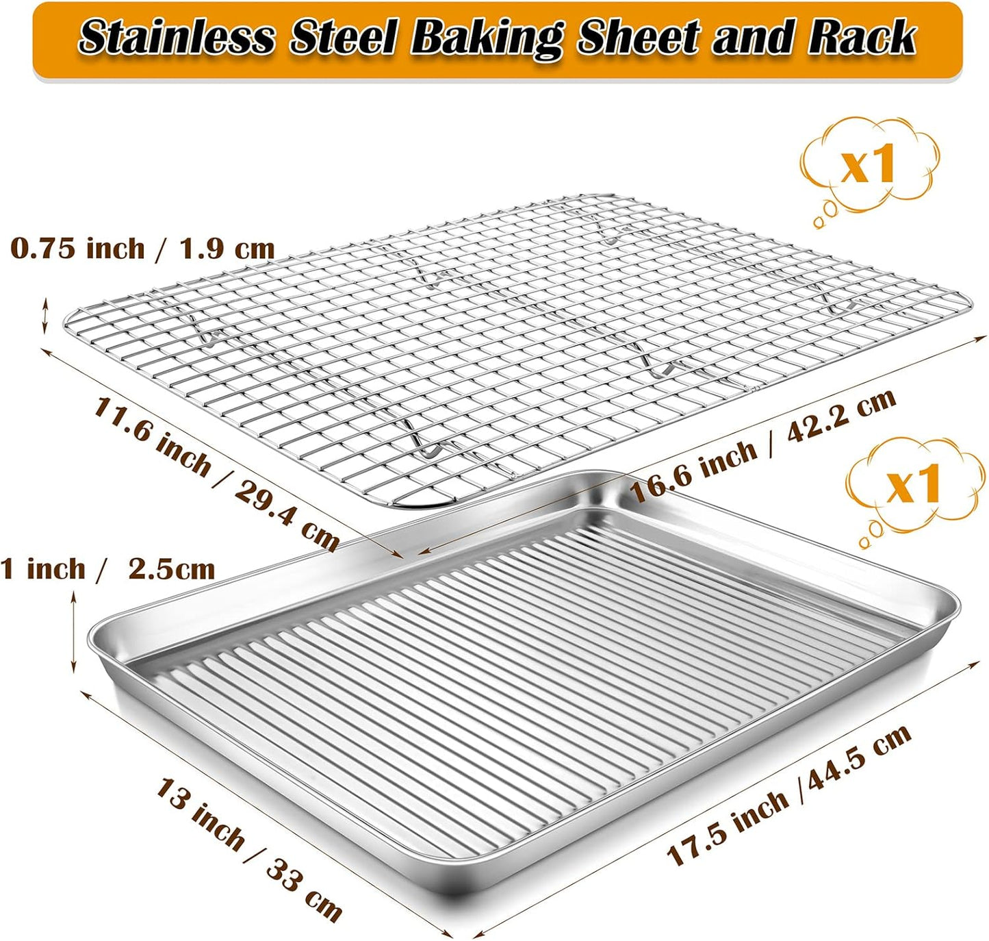 P&P CHEF Baking Oven Pan with Wire Rack, Stainless Steel Baking Oven Sheet Tray, Bacon Pan and Cooling Rack for Cooking Roasting Cookie, Dishwasher Safe & Easy Clean, 17.5 x 13 x 1 Inch
