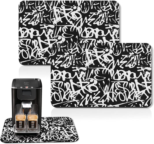 Arttown Coffee Mat for Countertops, Graffiti Abstract Letters Old School Black Dish Drying Mat 2 Pcs for Kitchen Bar Accessories, Coffee Maker Espresso Machine Dish Rack Hide Stain Rubber 12x19in