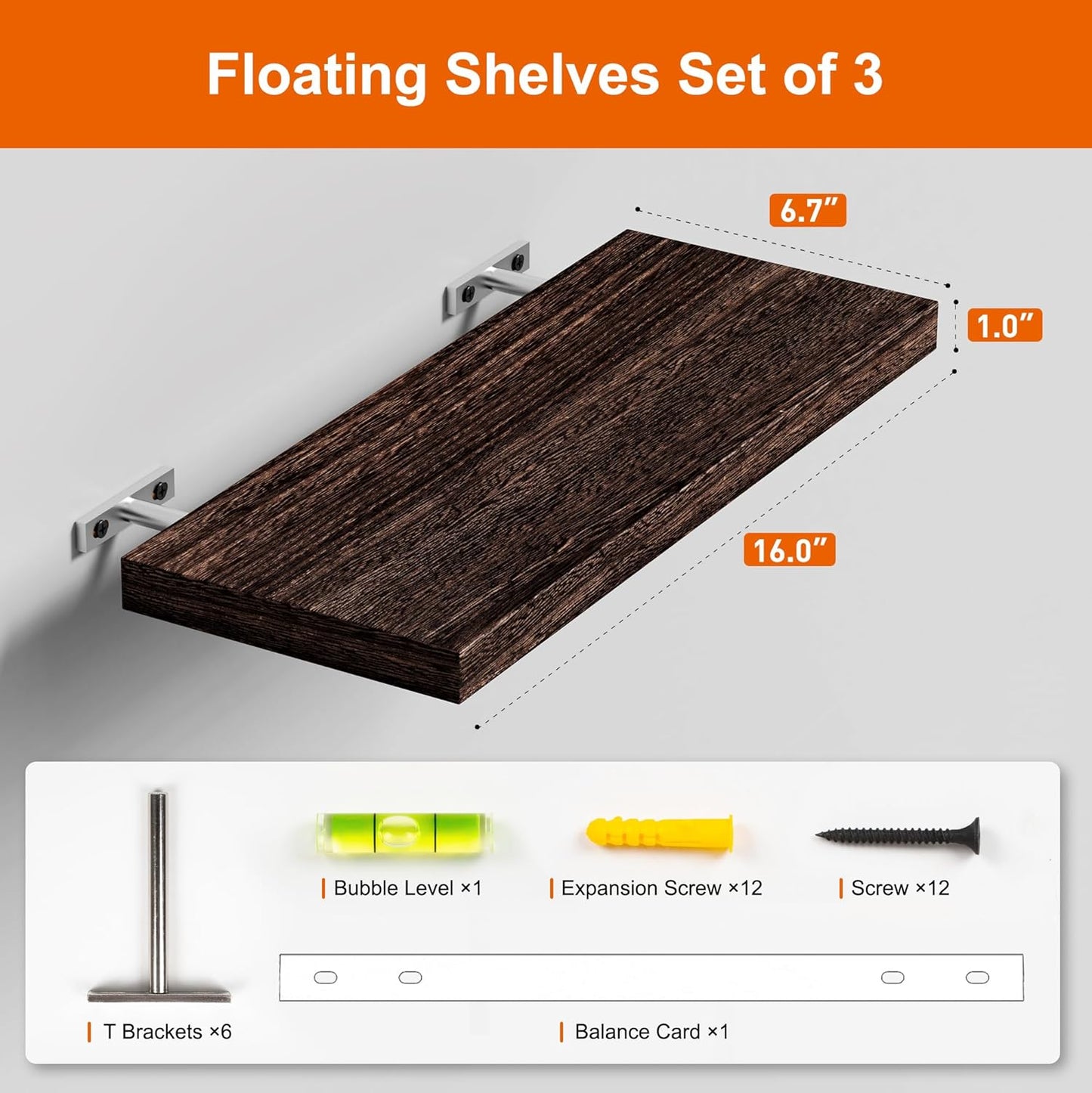 3 Pack Floating Shelves, 16in Brown Paulownia Wood, Rustic Style, Wall Mounted Storage Shelves for Kitchen, Living Room, Bedroom, Bathroom Decor, 75lbs Load Capacity