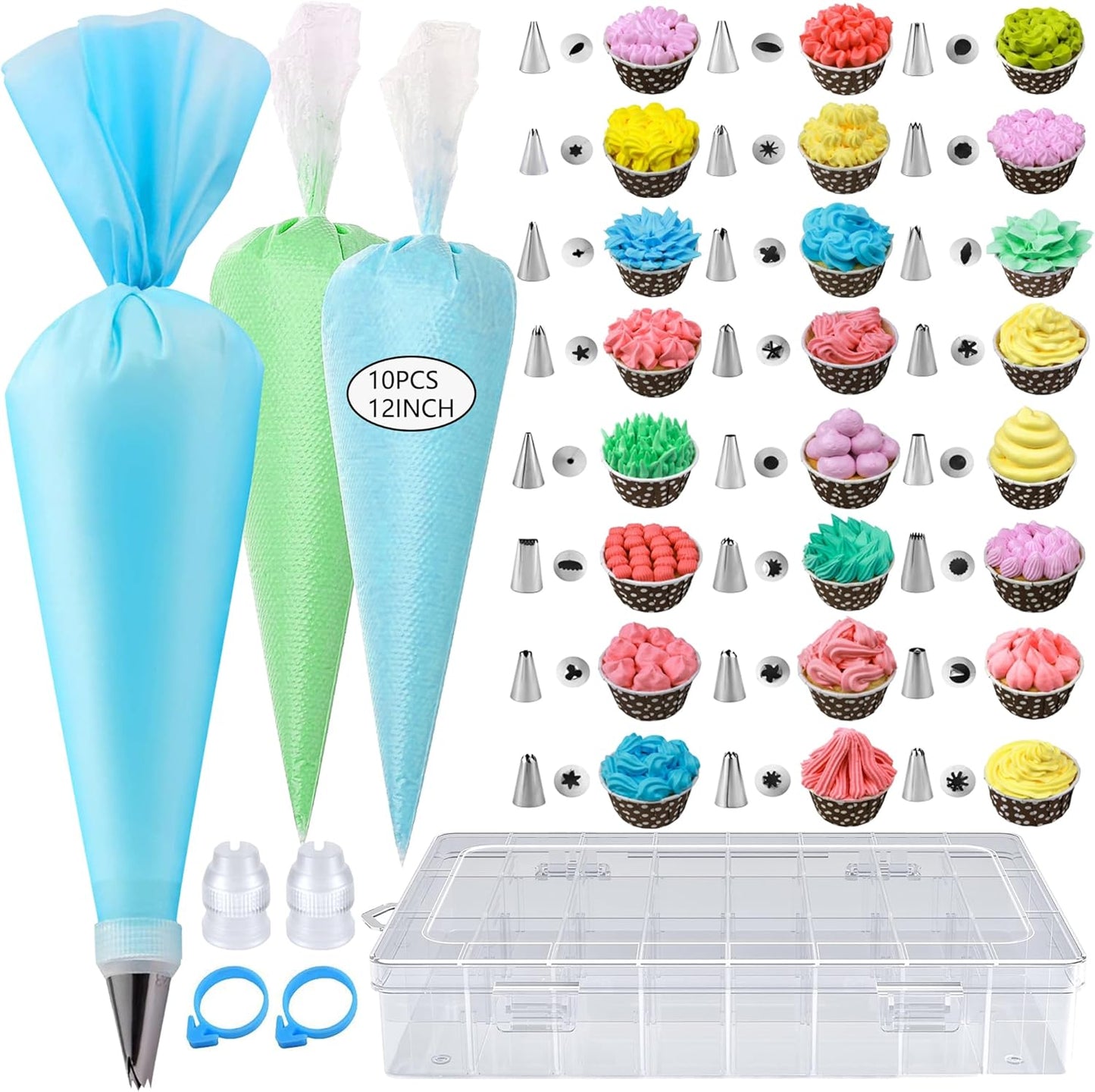40PCS Piping Bags and Tips Set 12 Inch Pastry Bags Cakes Decorating Kit Supplies, 10 Icing Bags Disposable with 1 Reusable Piping Bags, 24 Frosting Tips, 2 Couplers, 1 Storage Box