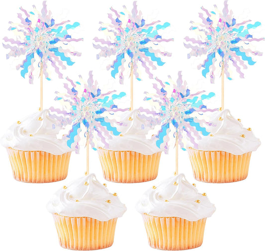 30 PCS Foil Firework Cupcake Toppers Sparkle Tinsel Cupcake Picks Happy Birthday Cake Toppers Drink Stirrers Cocktail Food Fruit Toothpicks for Baby Shower Birthday Party Decorations Supplies Silver
