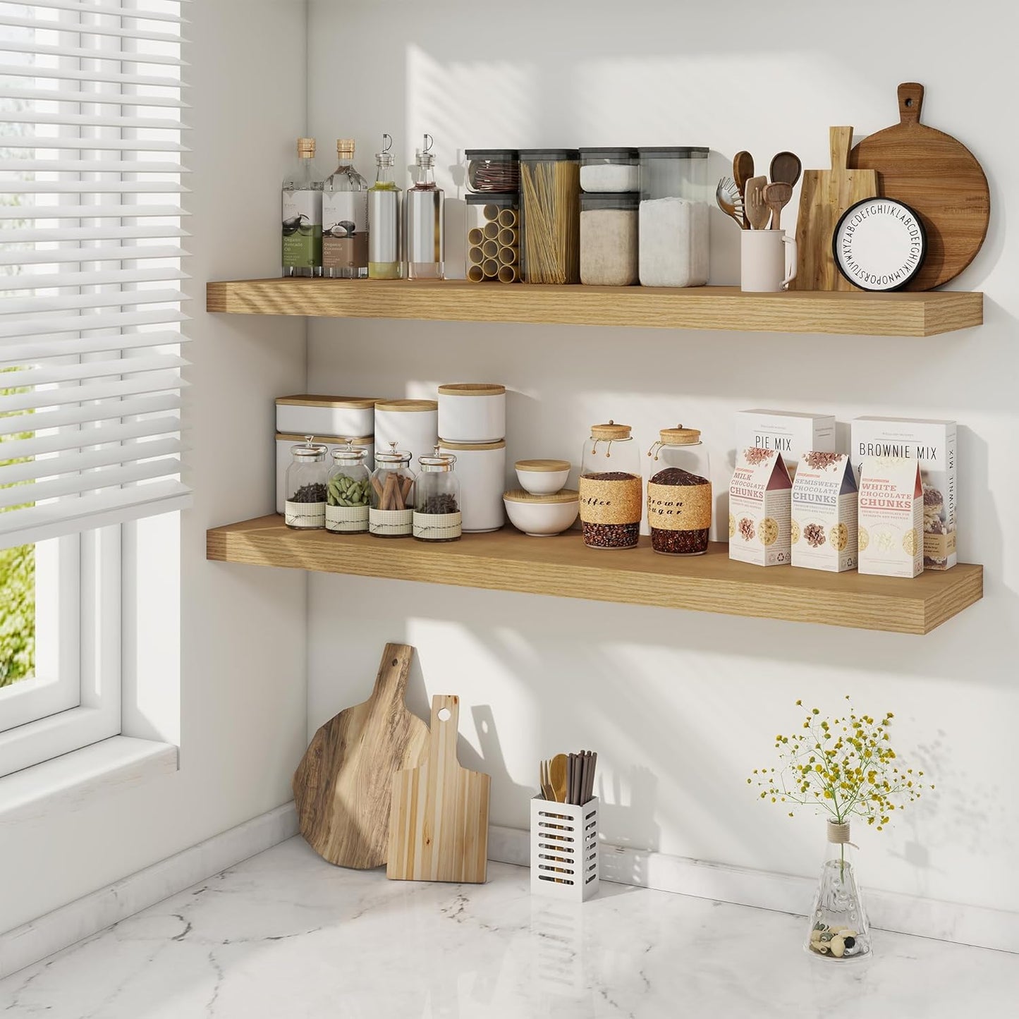 Fun Memories 40 Inch Deep Floating Shelves for Wall, 2 Pack of Wall Mounted Wood Shelves with Invisible Brackets for Bathroom, Bedroom, Kitchen Decor and Storage, Oak